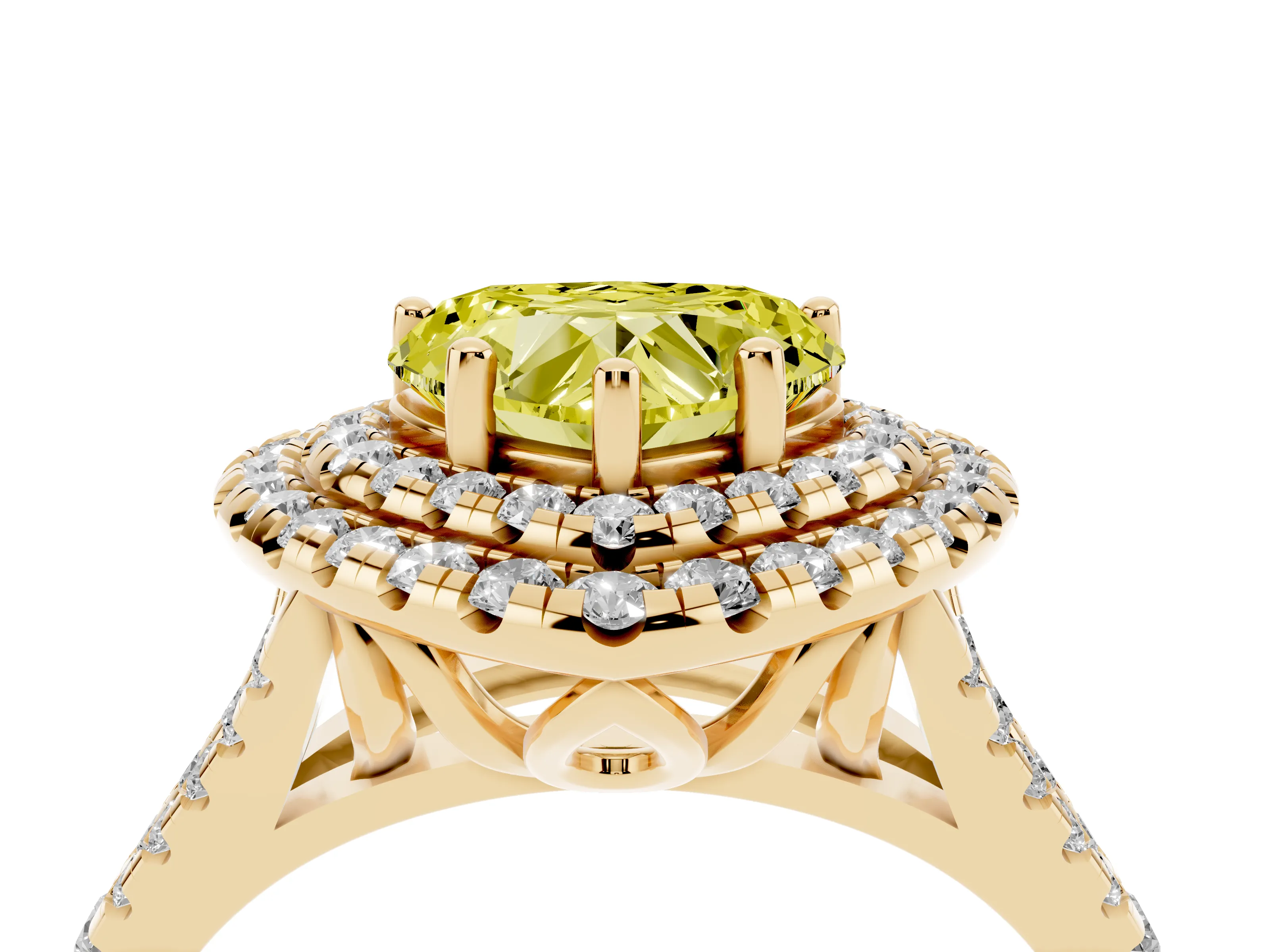 Fancy Yellow Heart Cut Diamond Double Halo Ring Set in Yellow gold with Pavé Split Shank and Prong Setting