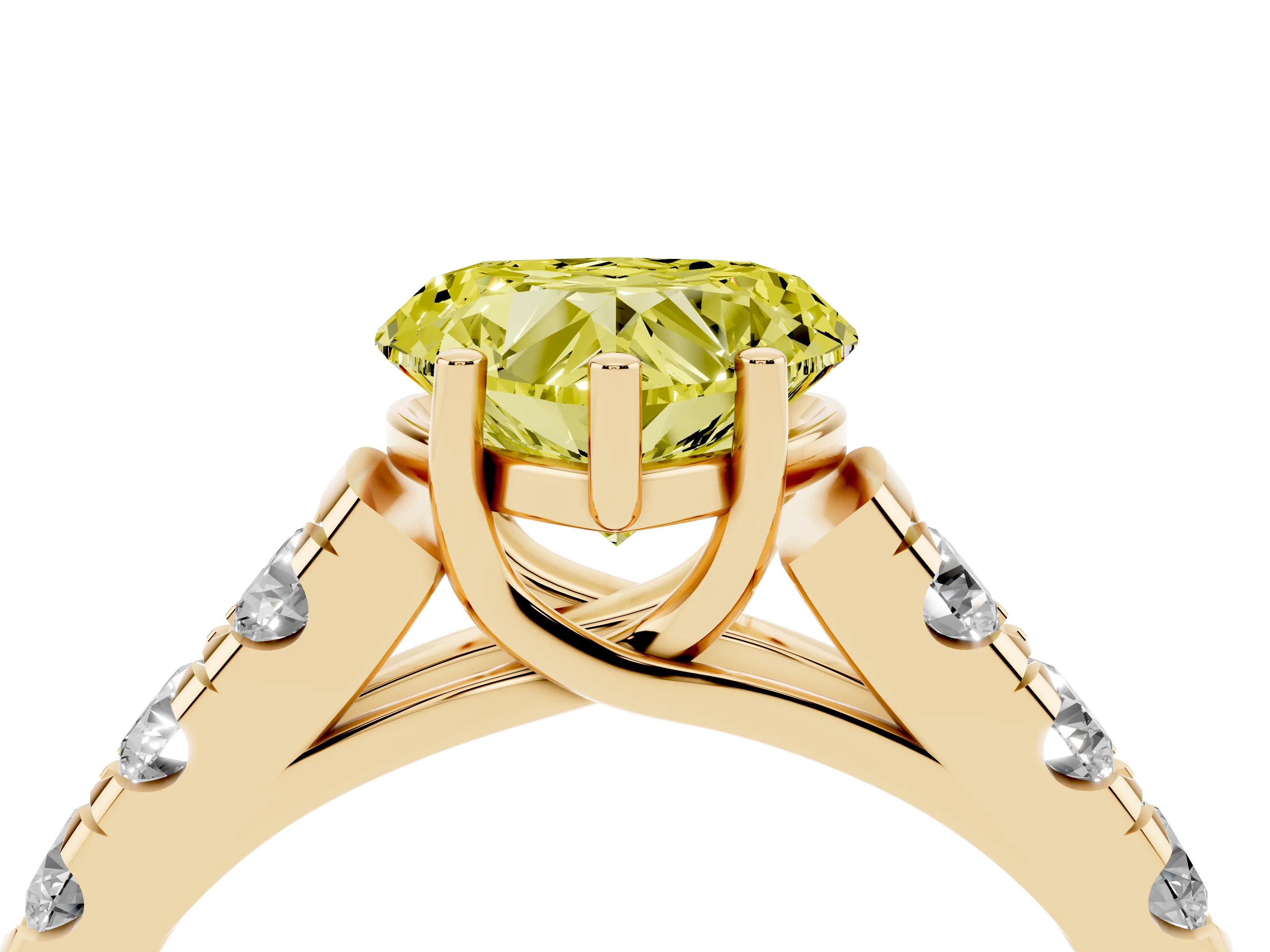 Fancy Yellow Heart Cut Diamond Solitaire Ring Set in Yellow gold with Cut-Down Micro Pavé Band and Prong Setting