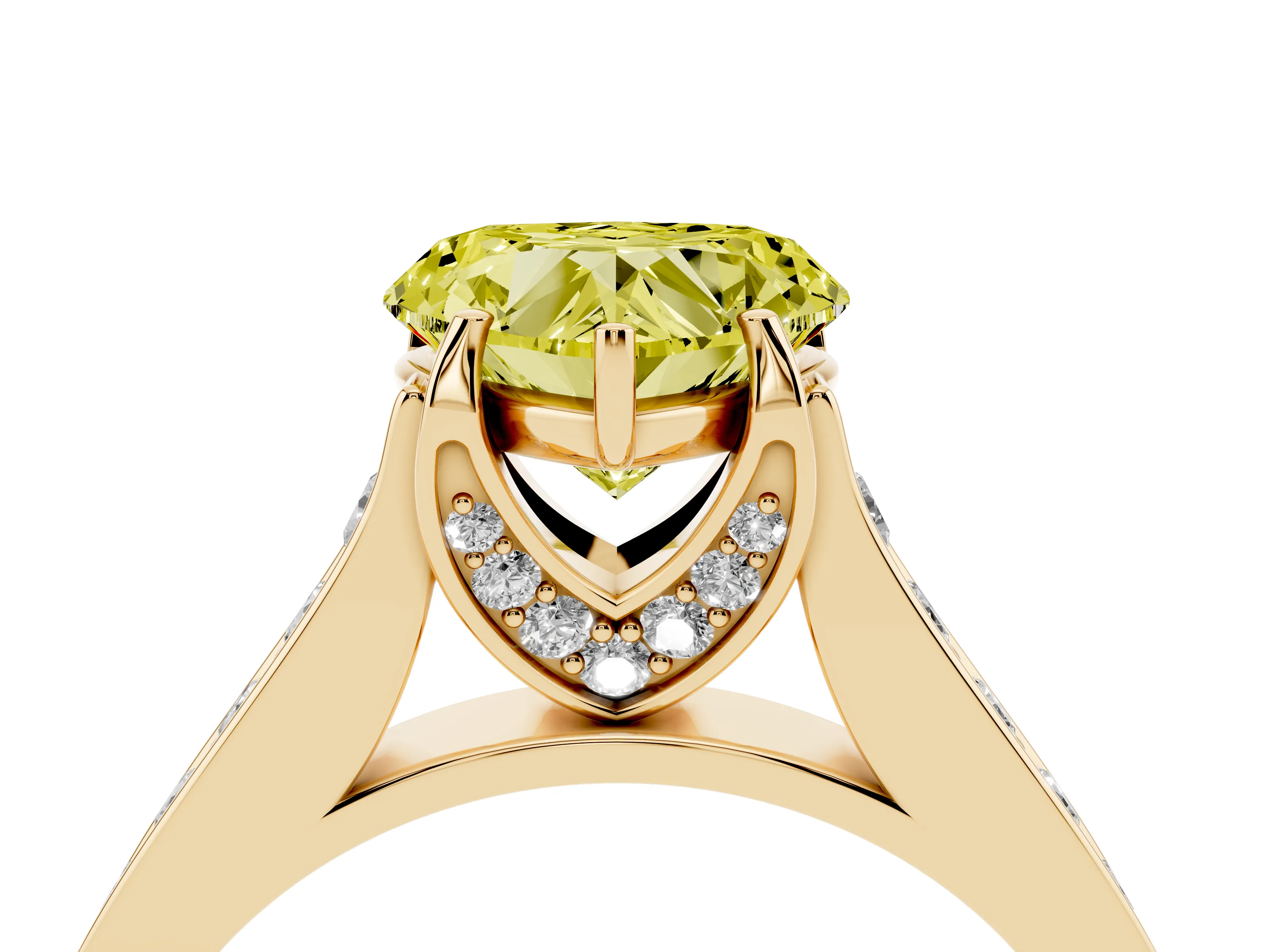Fancy Yellow Heart Cut Diamond Solitaire Pavé Engagement Ring Set in Yellow gold with Prong Setting
