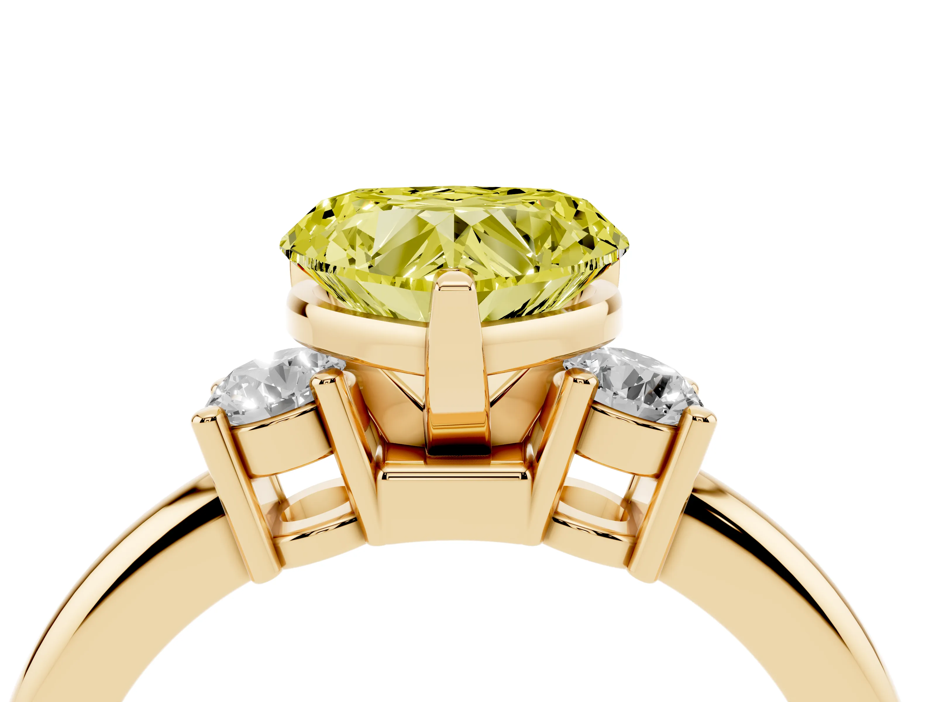 Fancy Yellow Three-Stone Heart Cut Diamond Ring Set in Yellow gold with Prong Setting and Plain Band