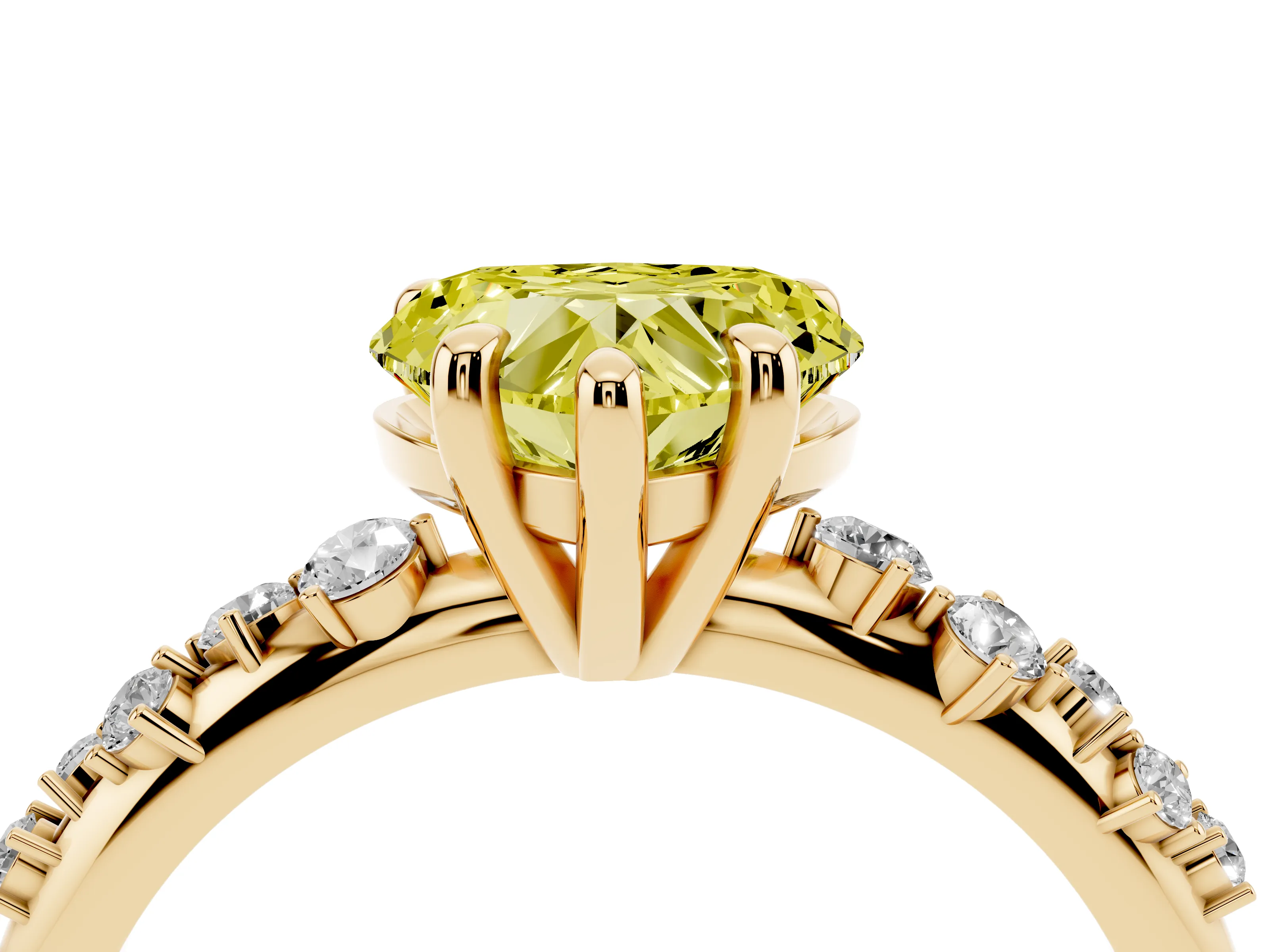 Fancy Yellow Heart Cut Diamond Solitaire Vine Band Ring Set in Yellow gold with Round Accents and Prong Setting
