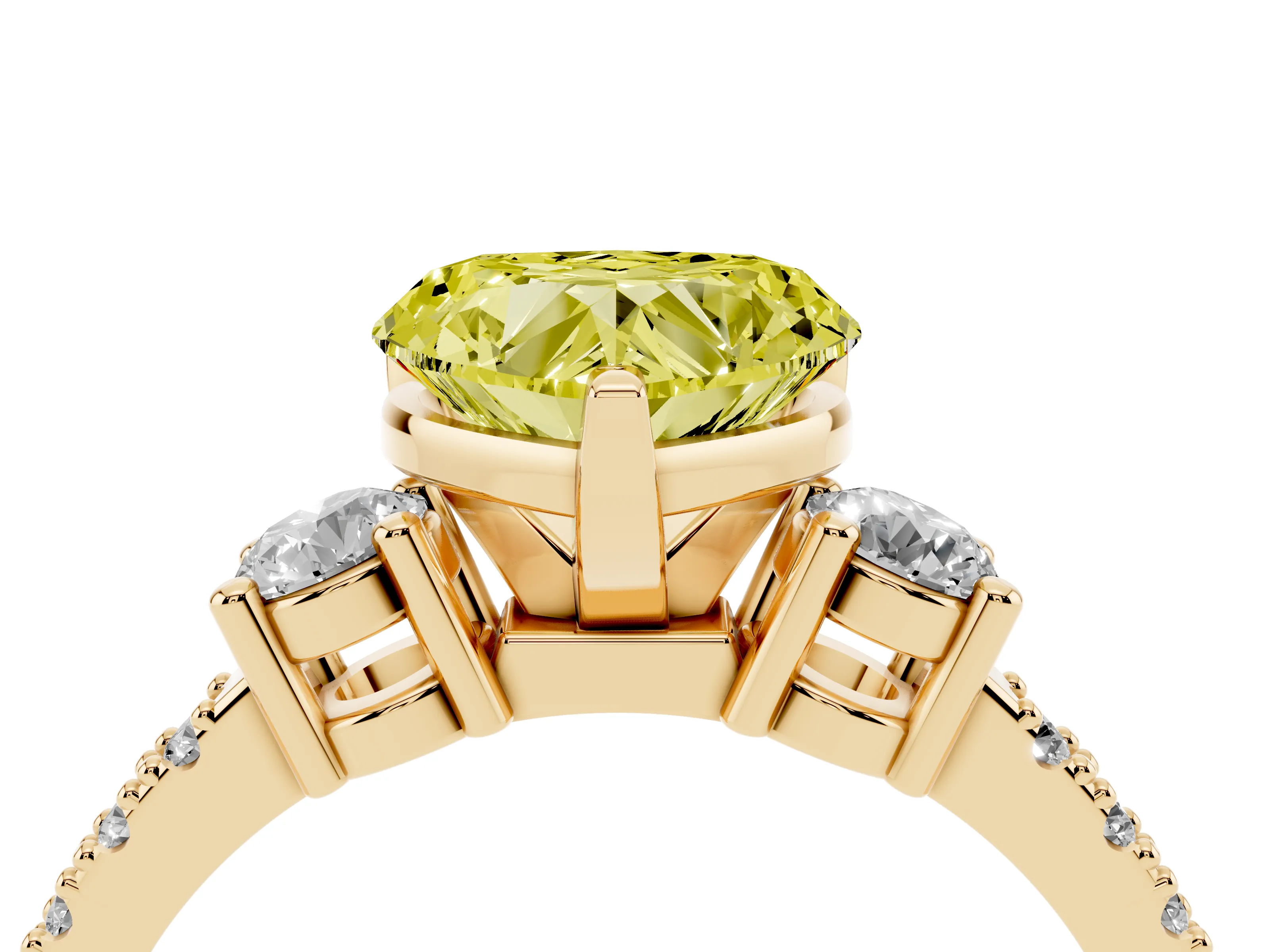Fancy Yellow Three-Stone Heart Cut Diamond Pavé Band Ring Set in Yellow gold with Prong Setting