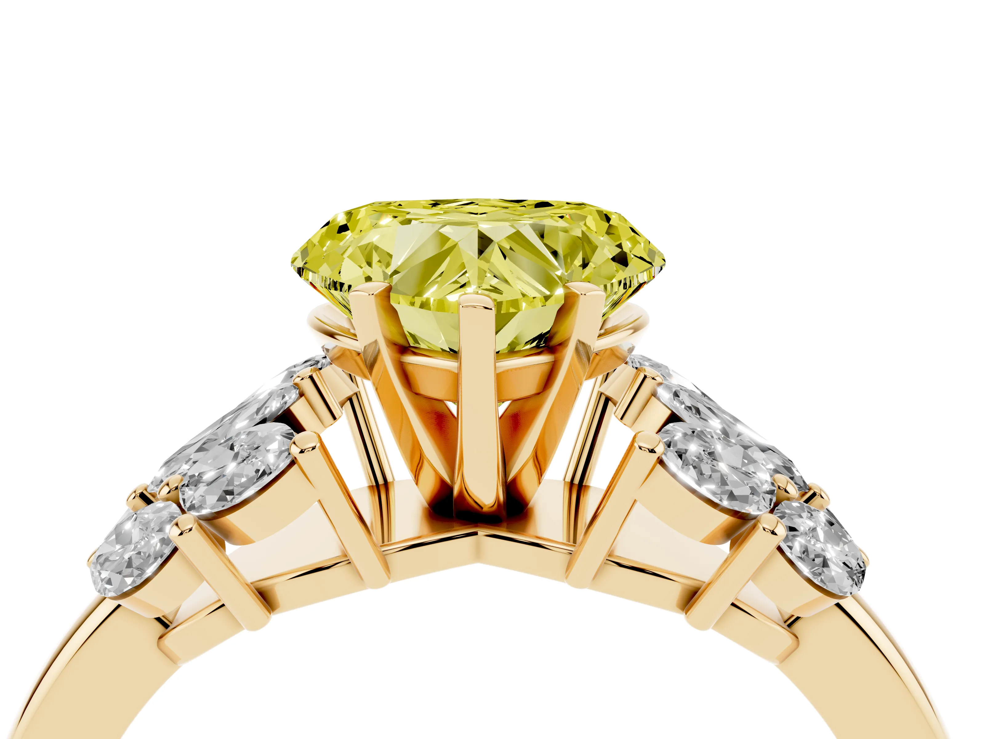 Fancy Yellow Heart Cut Diamond Cluster Leaf Design Ring Set in Yellow gold with Prong Setting