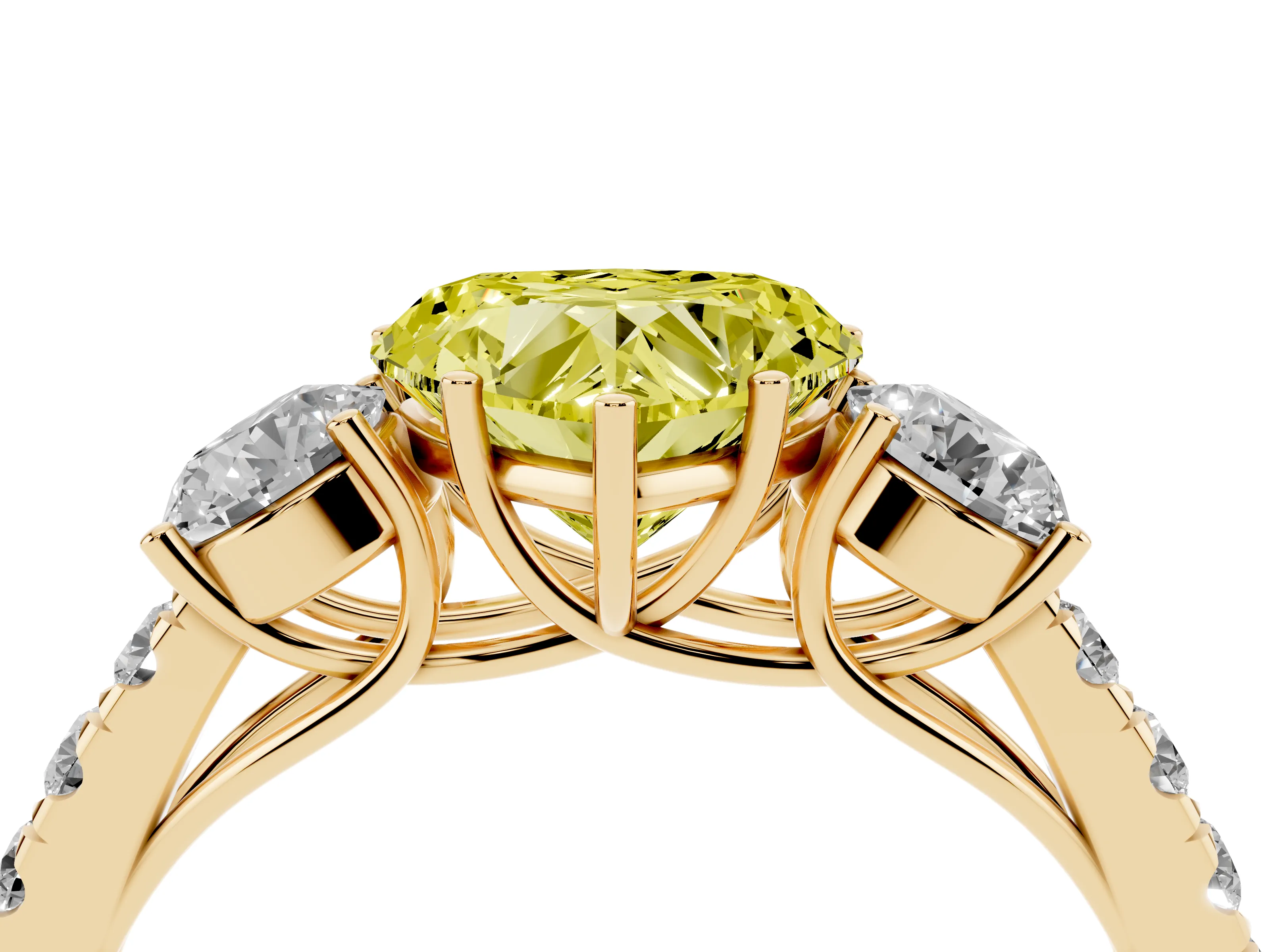 Fancy Yellow Heart Cut Diamond Three-Stone Ring Set in Yellow gold with Round Side Stones and Delicate Pavé Band