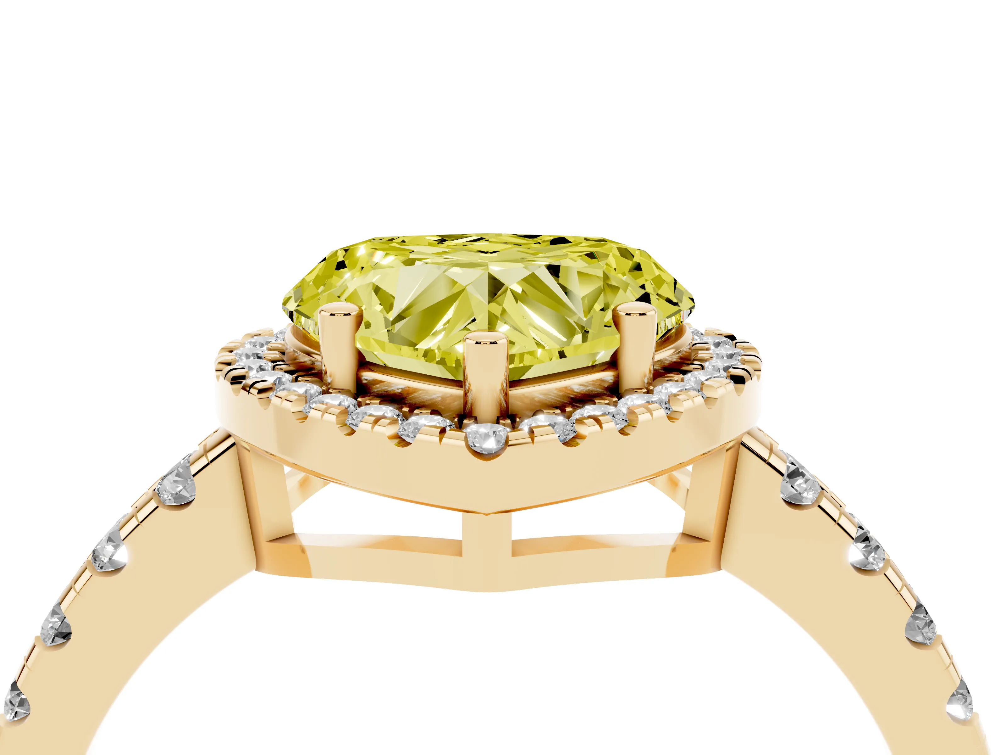 Fancy Yellow Heart Cut Diamond Halo Ring Set in Yellow gold with Delicate Pavé Band and Prong Setting