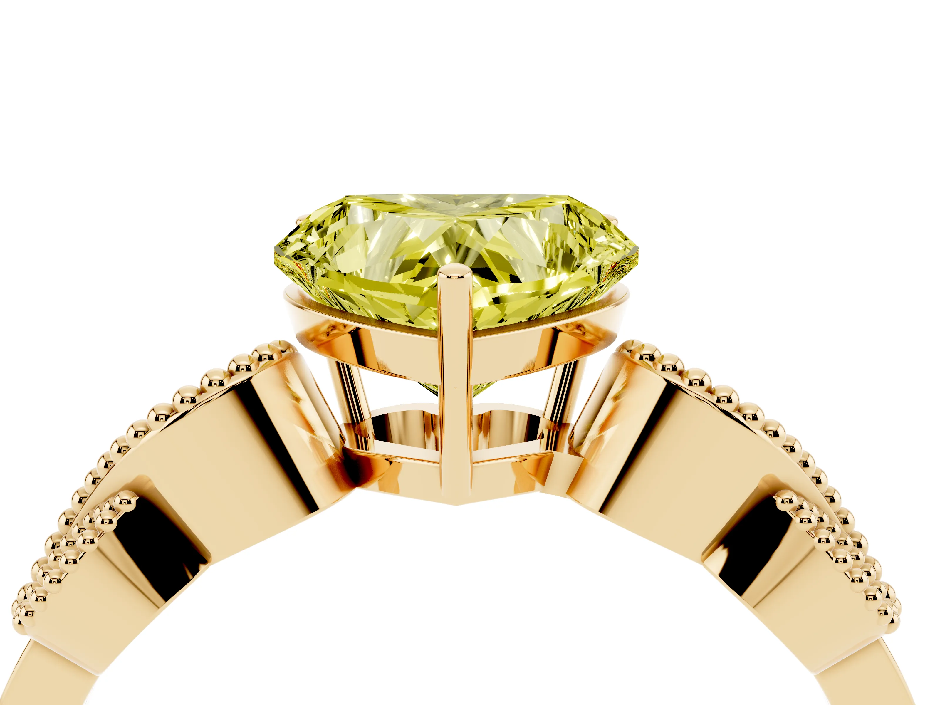 Fancy Yellow Heart Cut Diamond Milgrain Leaf Band Solitaire Ring Set in Yellow gold with Accent Stones and Prong Setting