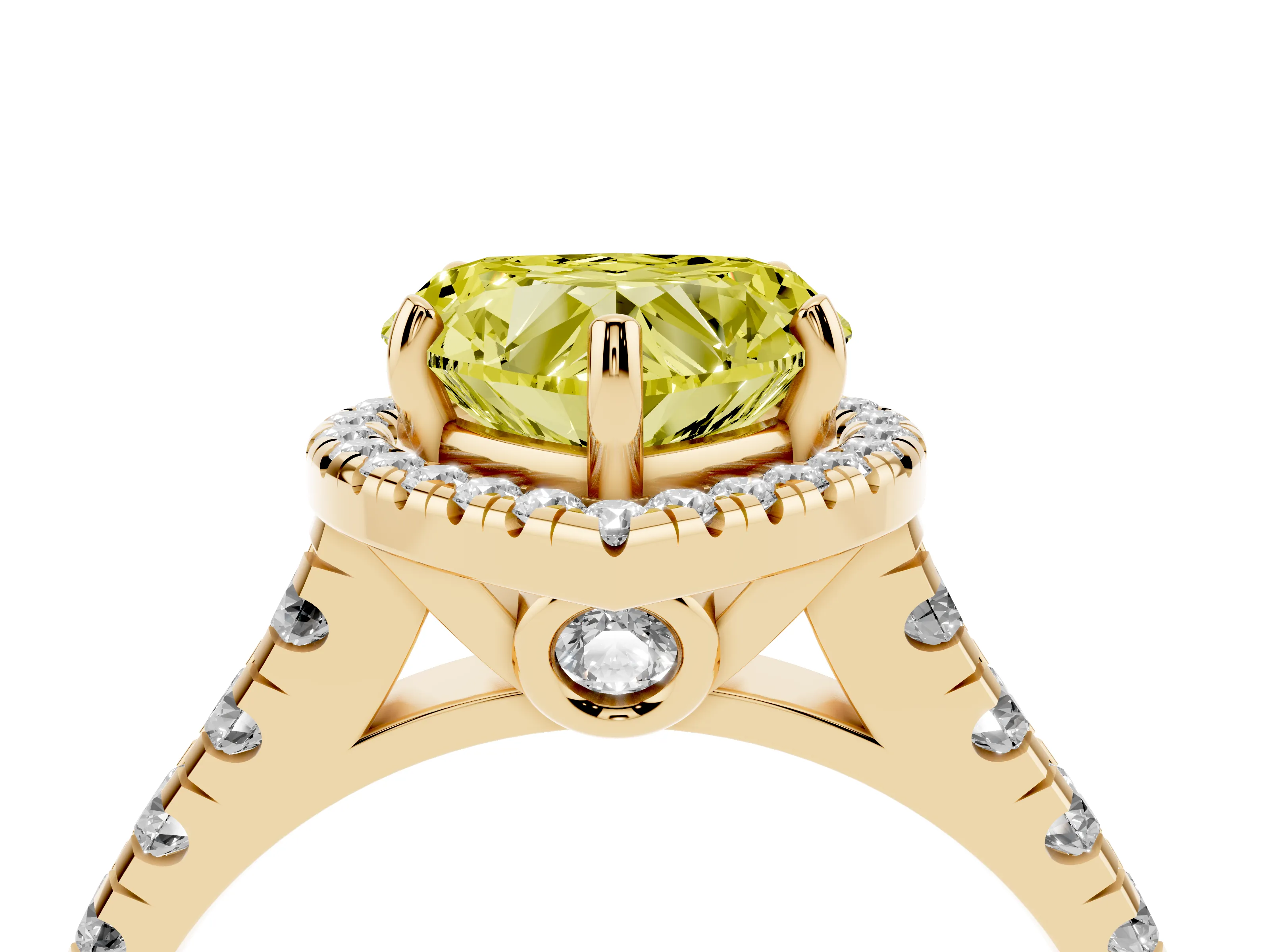 Fancy Yellow Heart Cut Diamond Halo Engagement Ring Set in Yellow gold with Pavé Band and Prong-Set Center