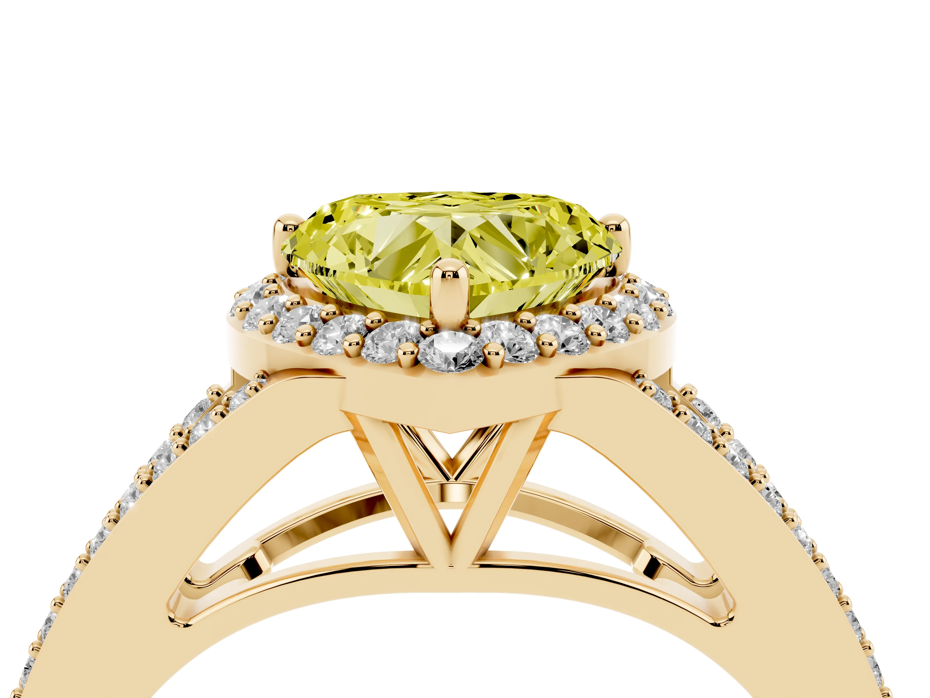 Fancy Yellow Heart Cut Diamond Halo Split Shank Pavé Ring Set in Yellow gold with Prong Setting