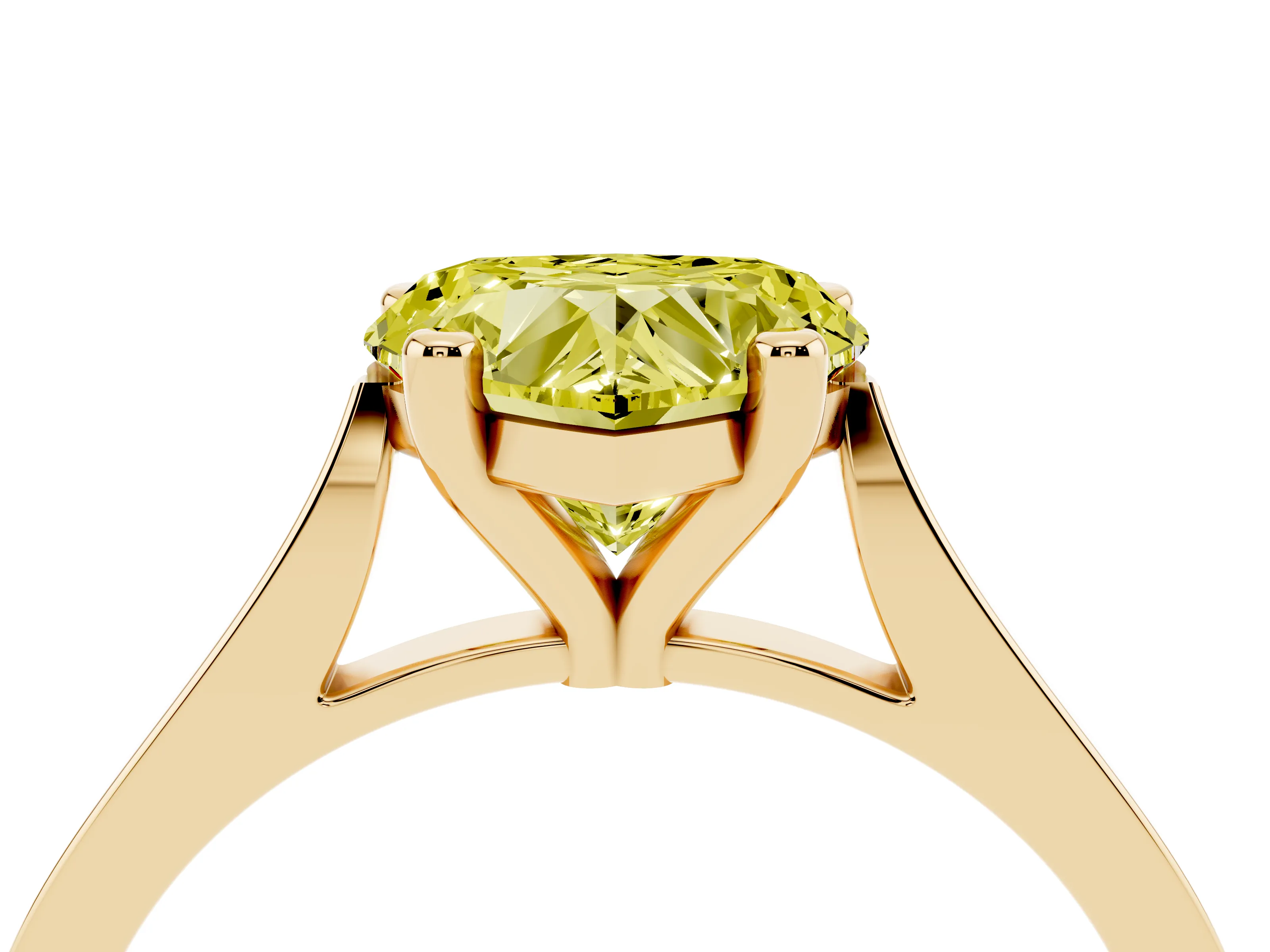 Fancy Yellow Heart Cut Diamond Solitaire Ring Set in Yellow gold with Prong Setting and Tapered Band