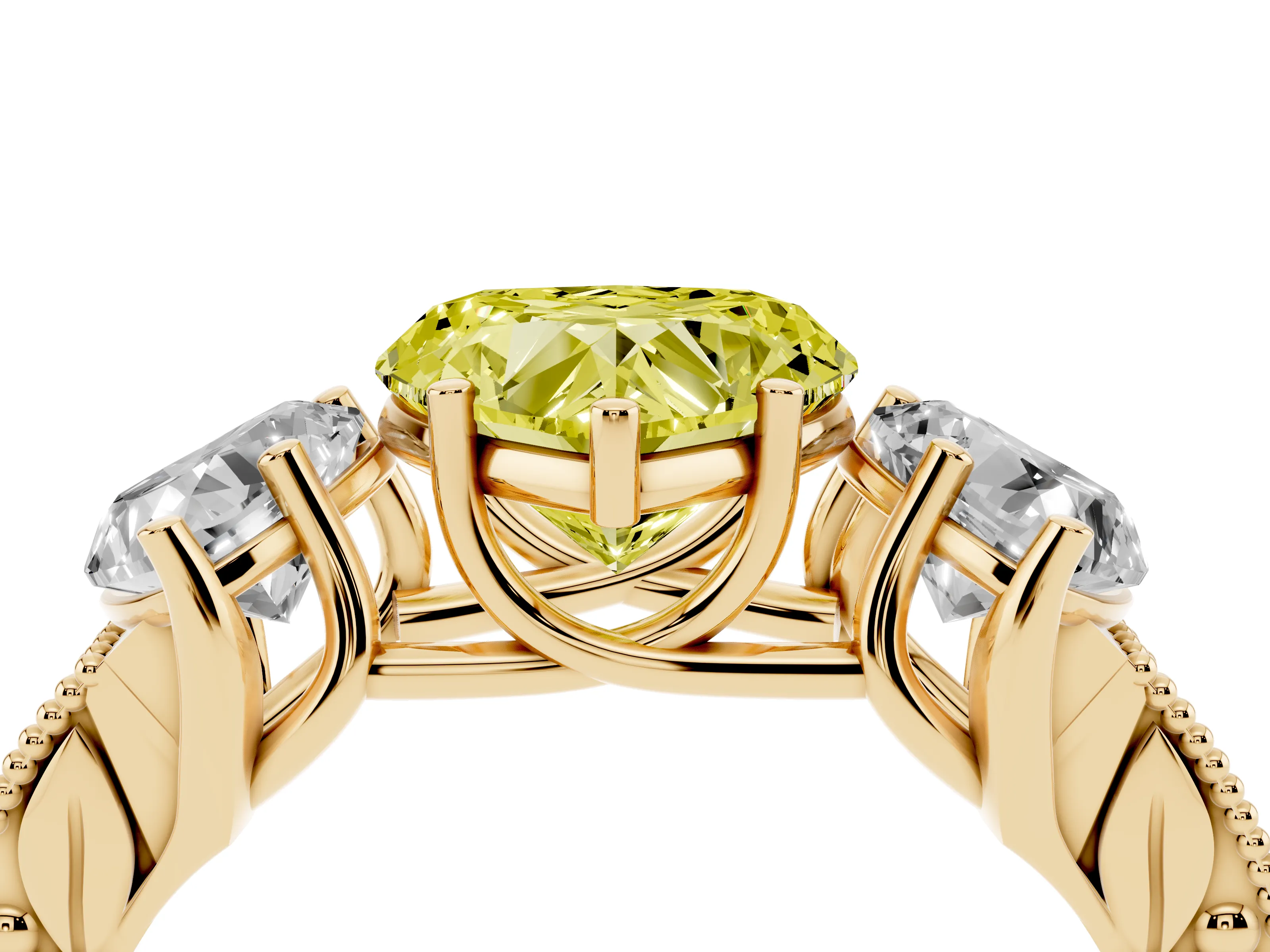 Fancy Yellow Heart Cut Diamond Three-Stone Engagement Ring Set in Yellow gold with Milgrain Pavé Band