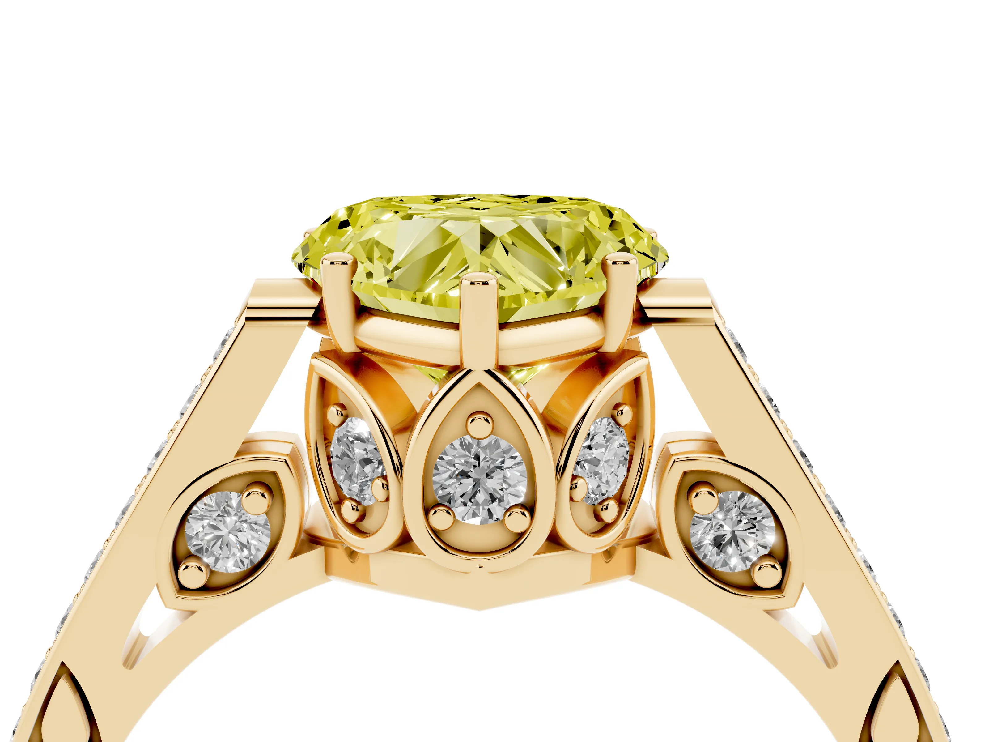 Fancy Yellow Heart Cut Diamond Cathedral Pavé Engagement Ring Set in Yellow gold with Prong Setting