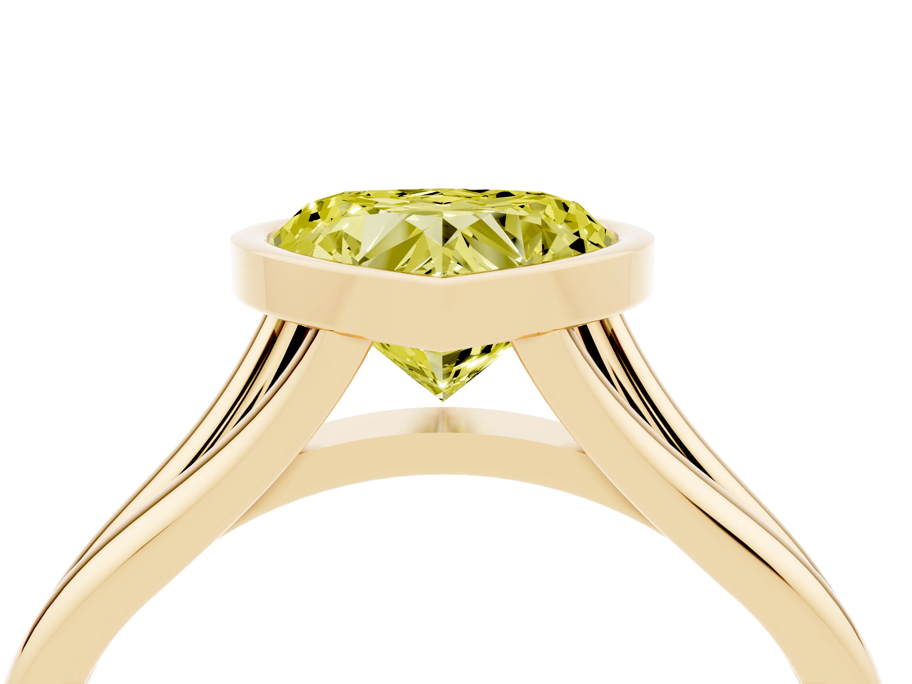 Fancy Yellow Bezel Set Heart Cut Diamond Solitaire Ring Set in Yellow gold with Tapered Band