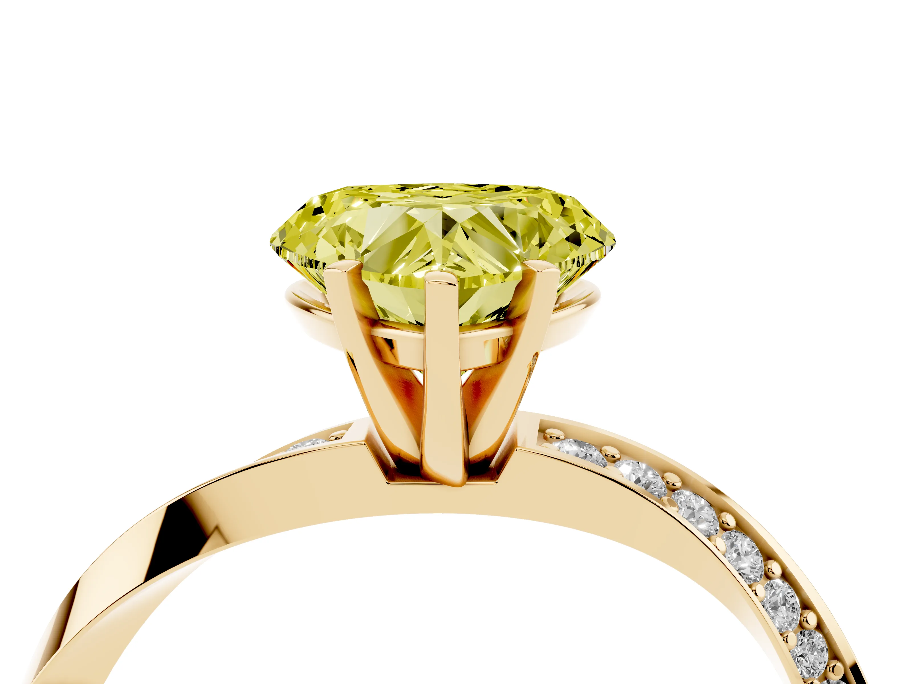 Fancy Yellow Heart Cut Diamond Engagement Ring Set in Yellow gold with Side Stone Accents and Prong Setting
