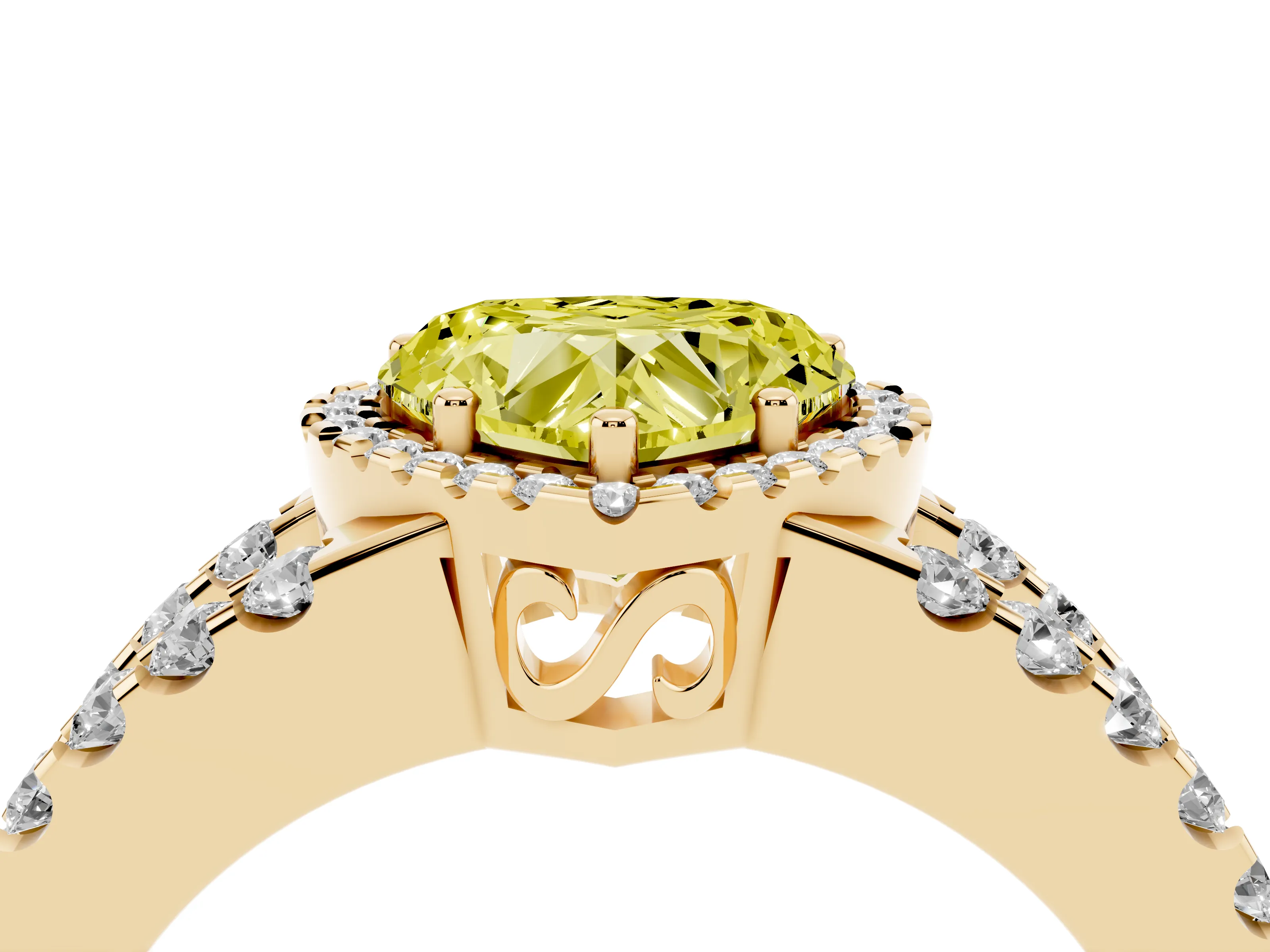 Fancy Yellow Heart Cut Diamond Halo Ring Set in Yellow gold with Pavé Split Shank and Prong Setting