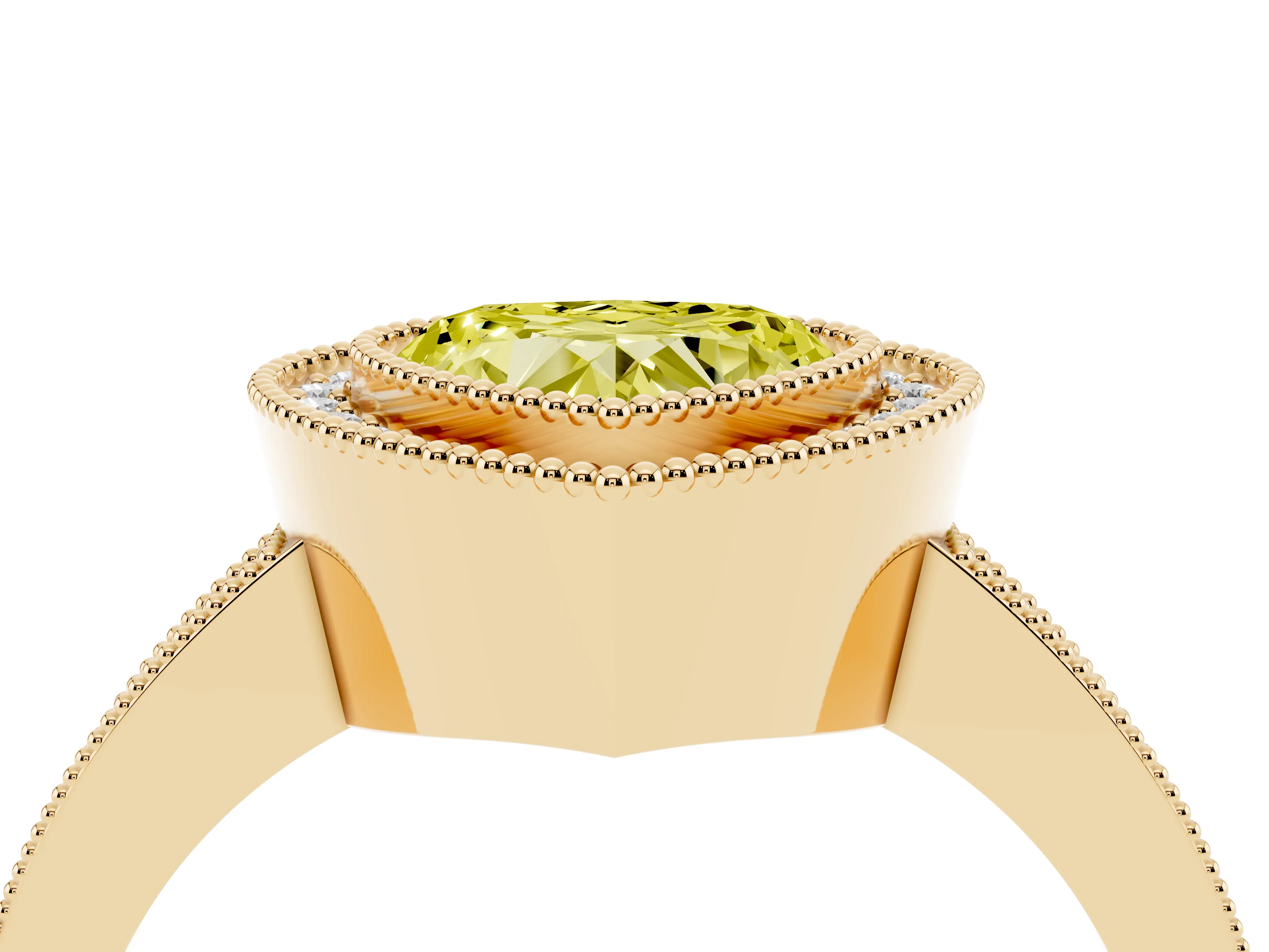 Fancy Yellow Heart Cut Diamond Halo Engagement Ring Set in Yellow gold with Pavé Band and Round Halo Stones