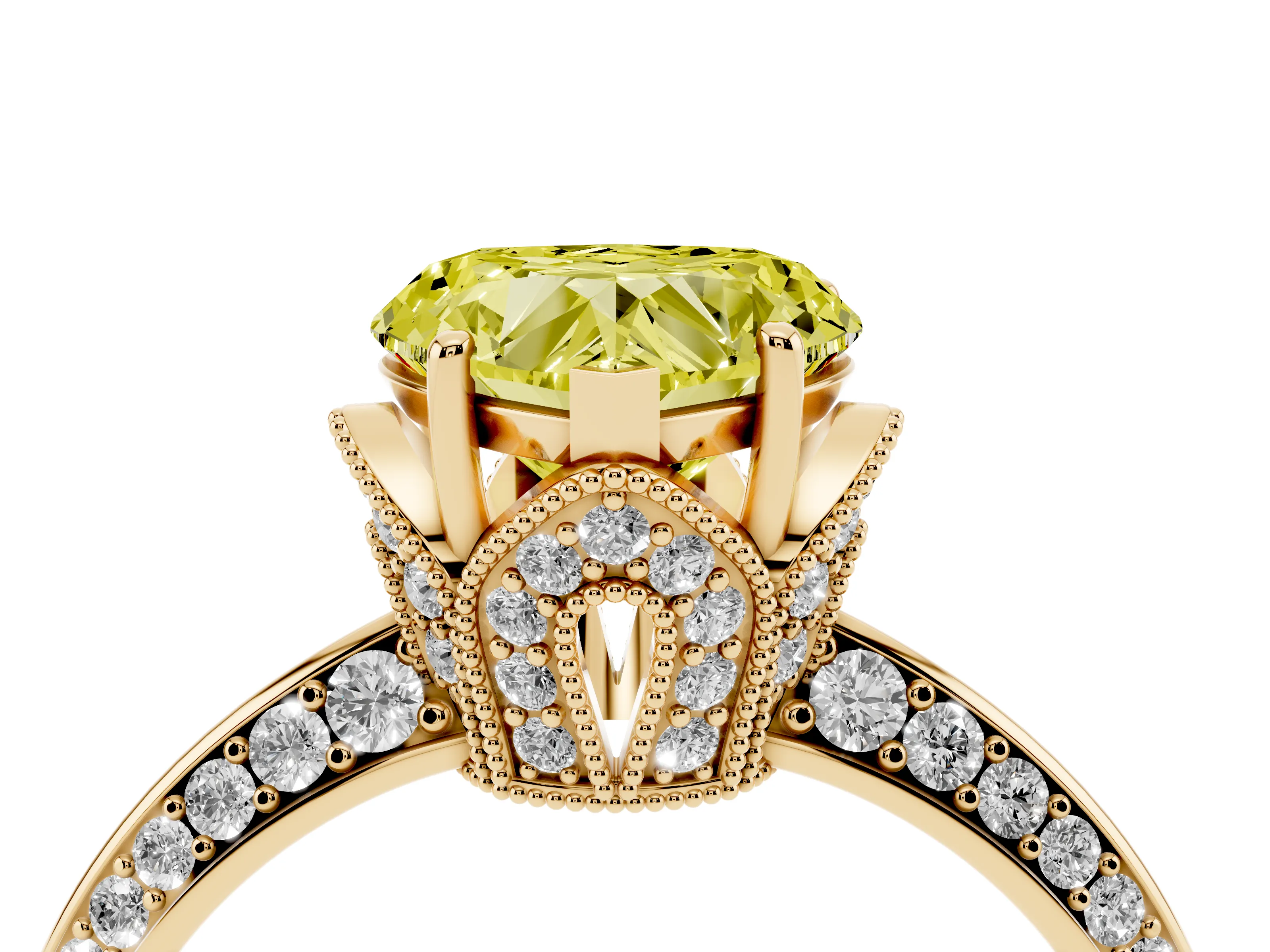 Fancy Yellow Heart Cut Diamond Solitaire Engagement Ring Set in Yellow gold with Pavé Split Shank and Prong Setting