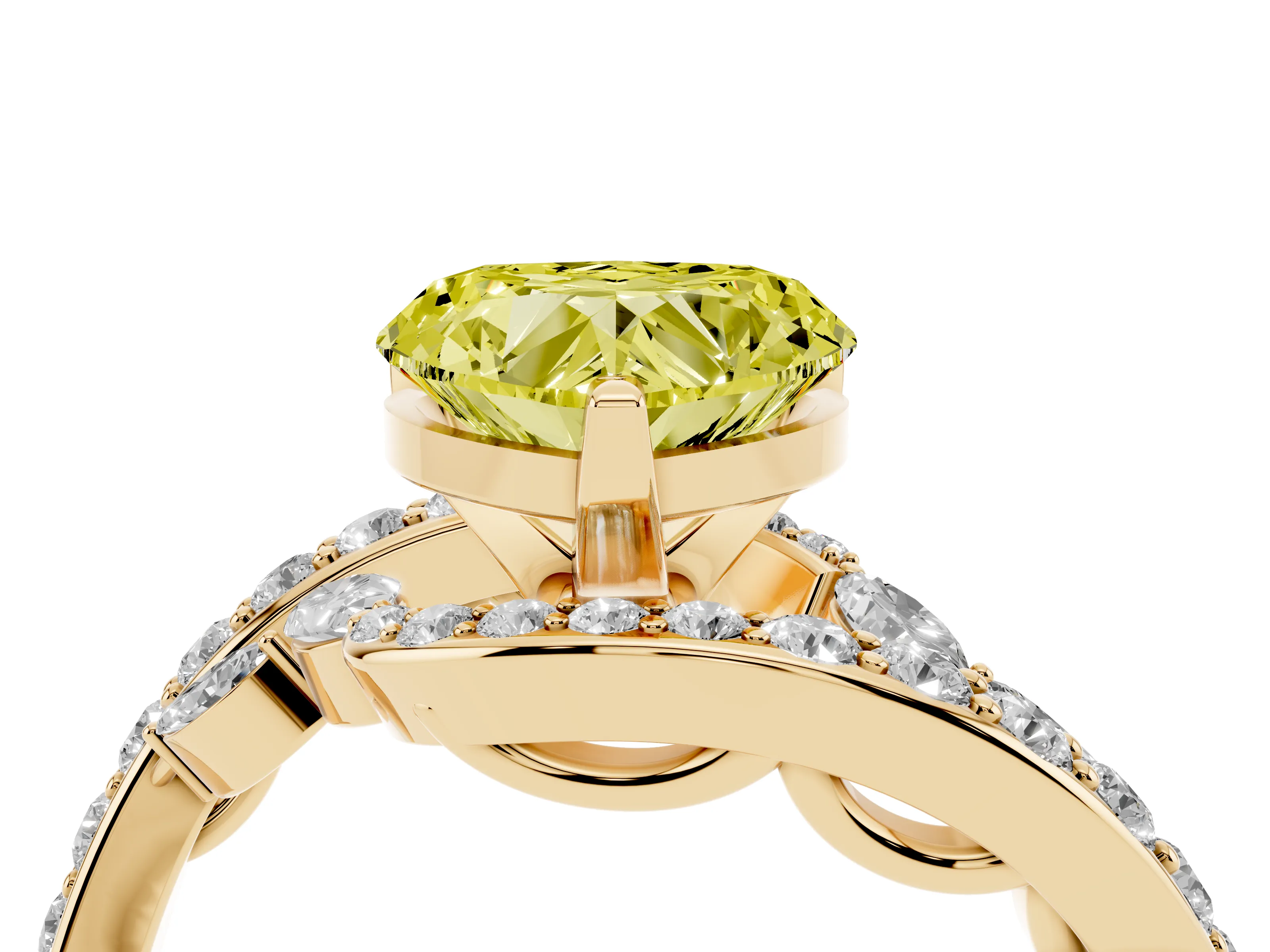 Fancy Yellow Heart Cut Diamond Solitaire Ring Set in Yellow gold with Pavé Twist Band and Secure Prong Setting