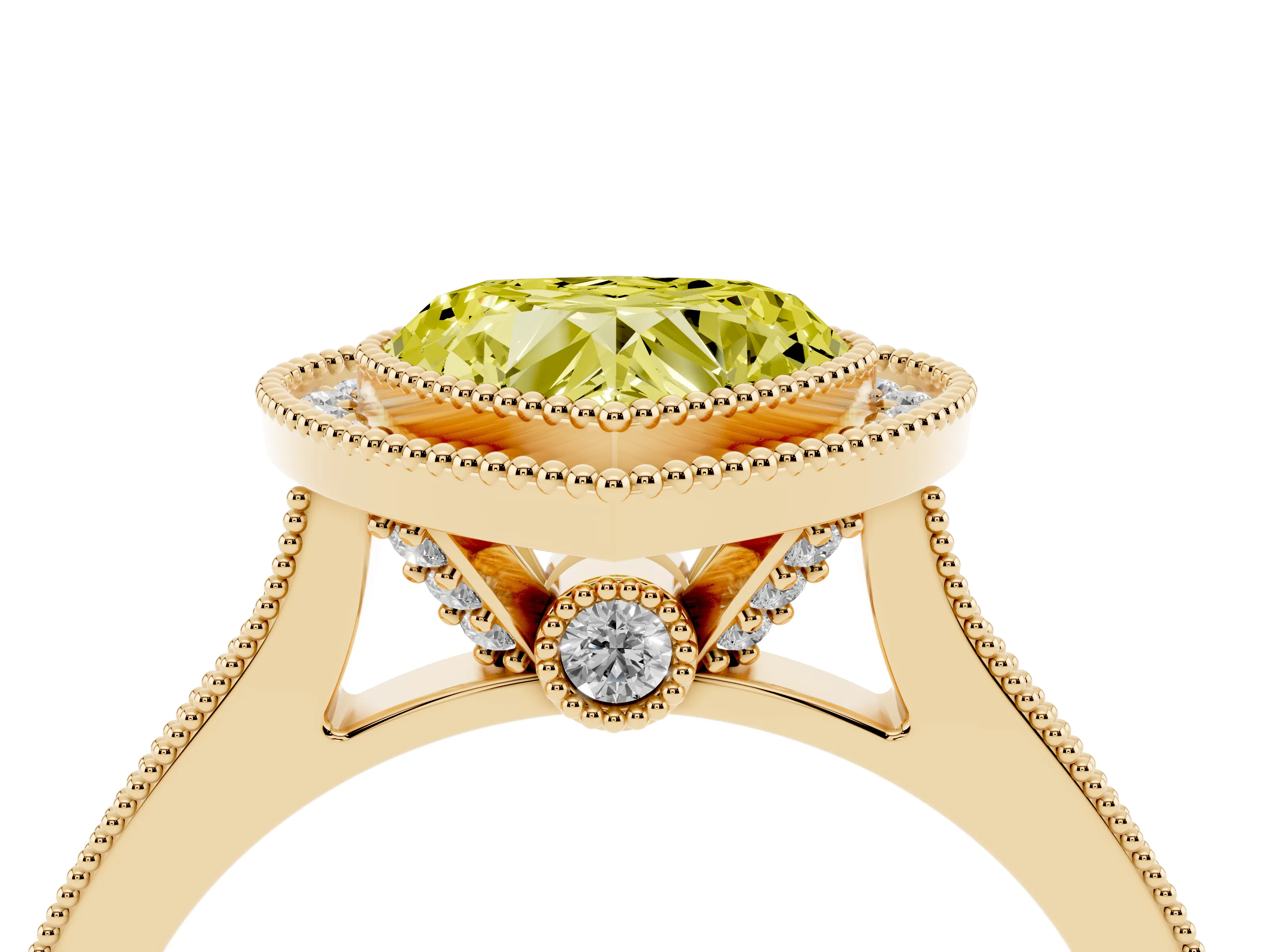 Fancy Yellow Heart Cut Diamond Halo Milgrain Pavé Band Ring Set in Yellow gold with Prong Setting