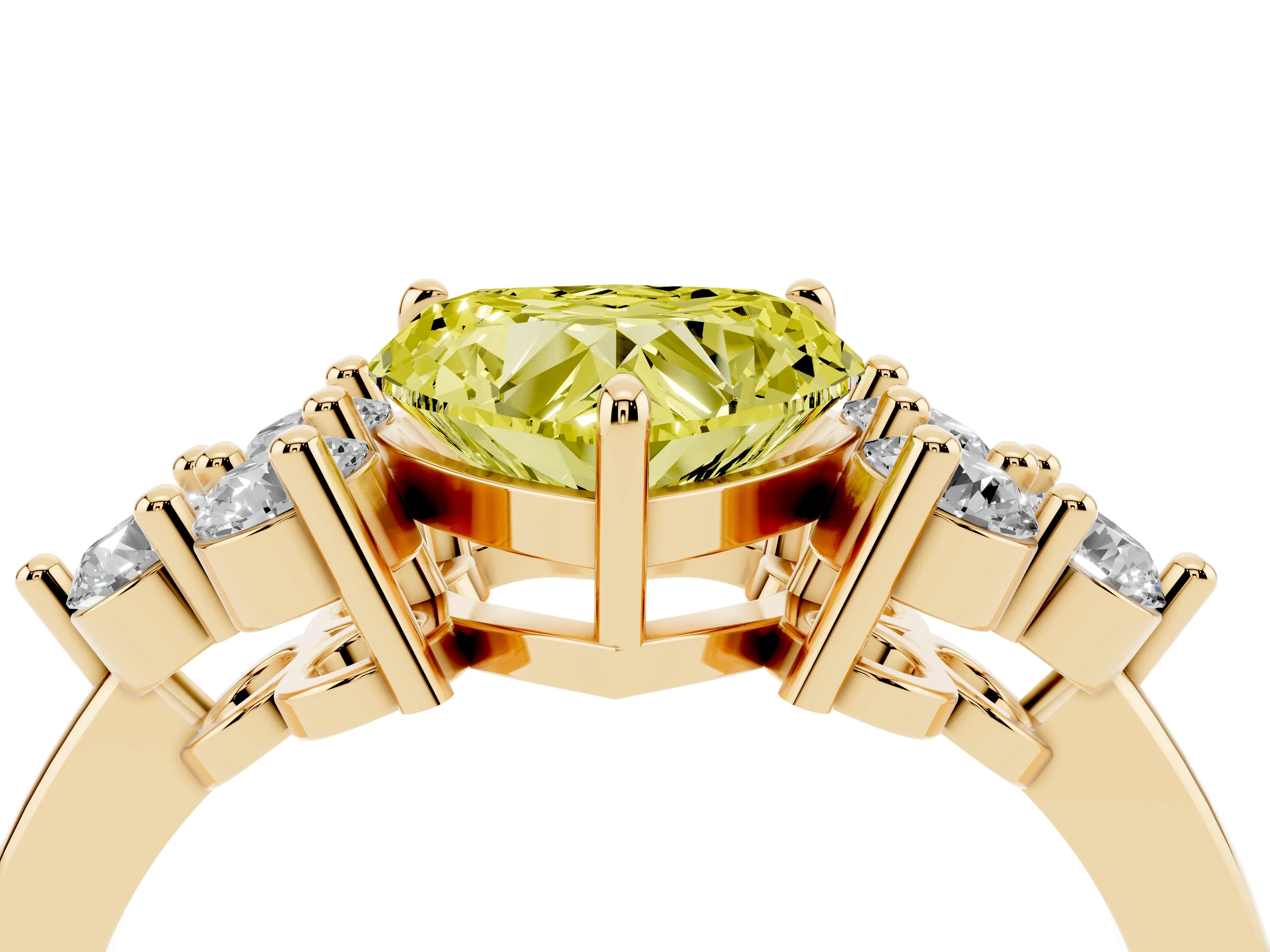 Fancy Yellow Heart Cut Diamond Solitaire Ring Set in Yellow gold with Cluster Accents on Each Side