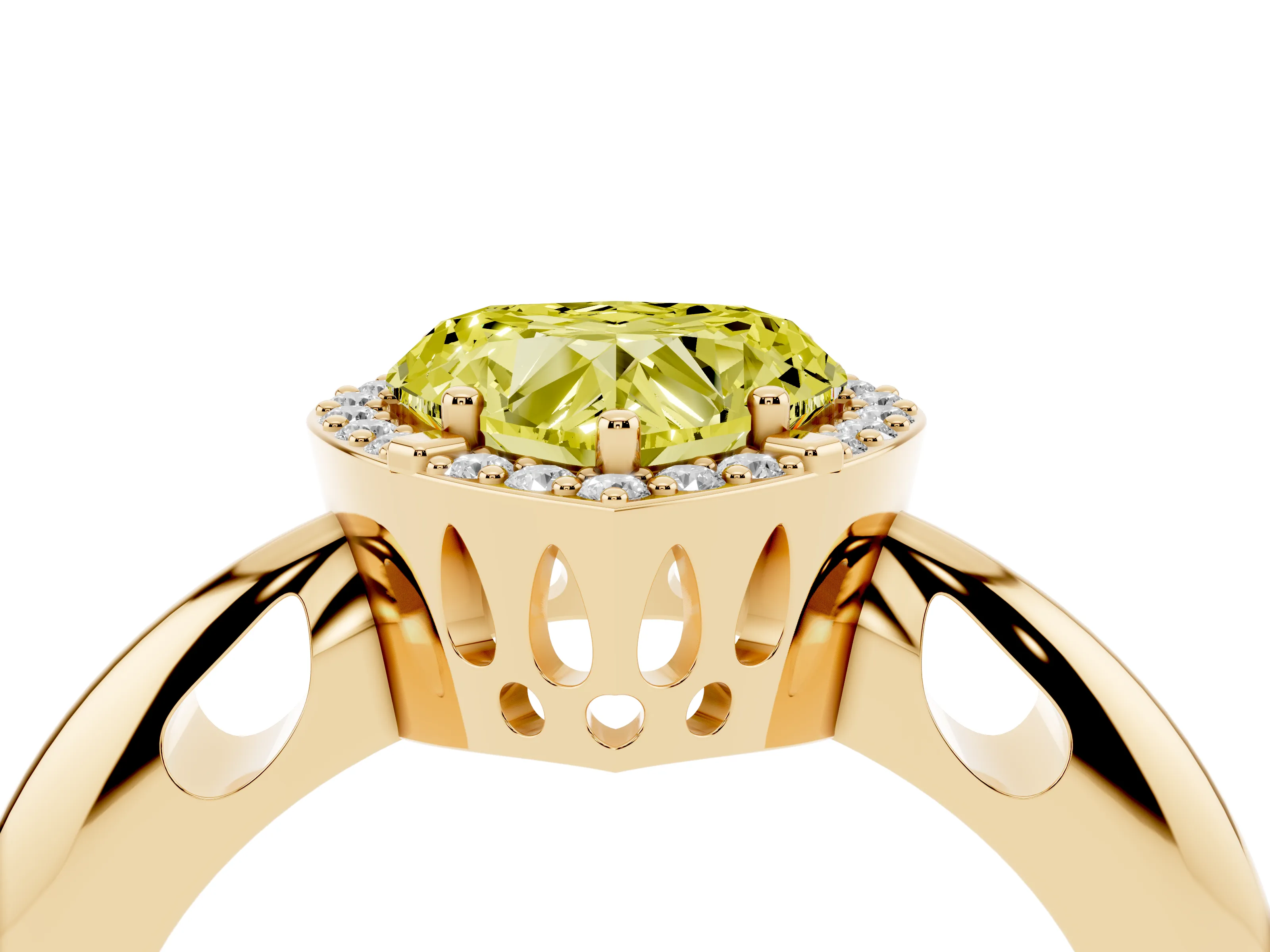 Fancy Yellow Heart Cut Diamond Halo Engagement Ring Set in Yellow gold with Plain Split Shank and Prong Setting