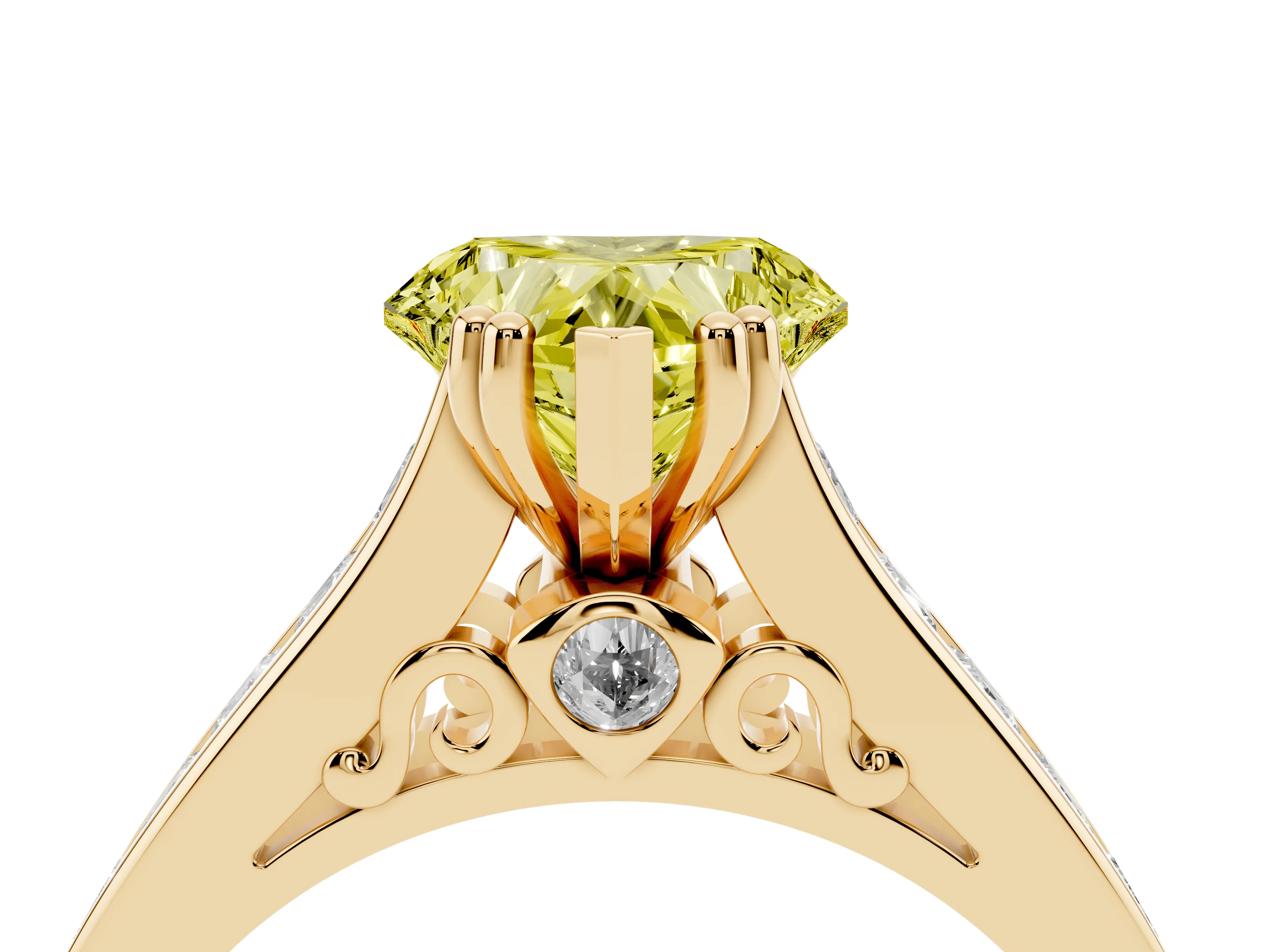 Fancy Yellow Heart Cut Diamond Channel Set Solitaire Engagement Ring Set in Yellow gold with Prong Setting