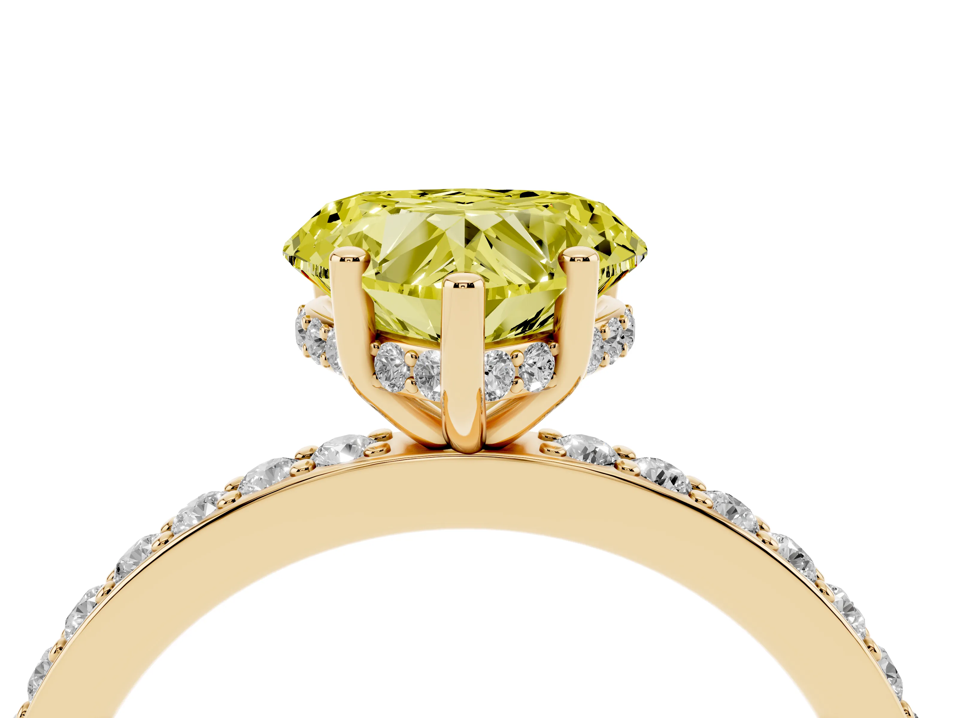 Fancy Yellow Heart Cut Diamond Pavé Band Ring Set in Yellow gold with Prong-Set Center Stone
