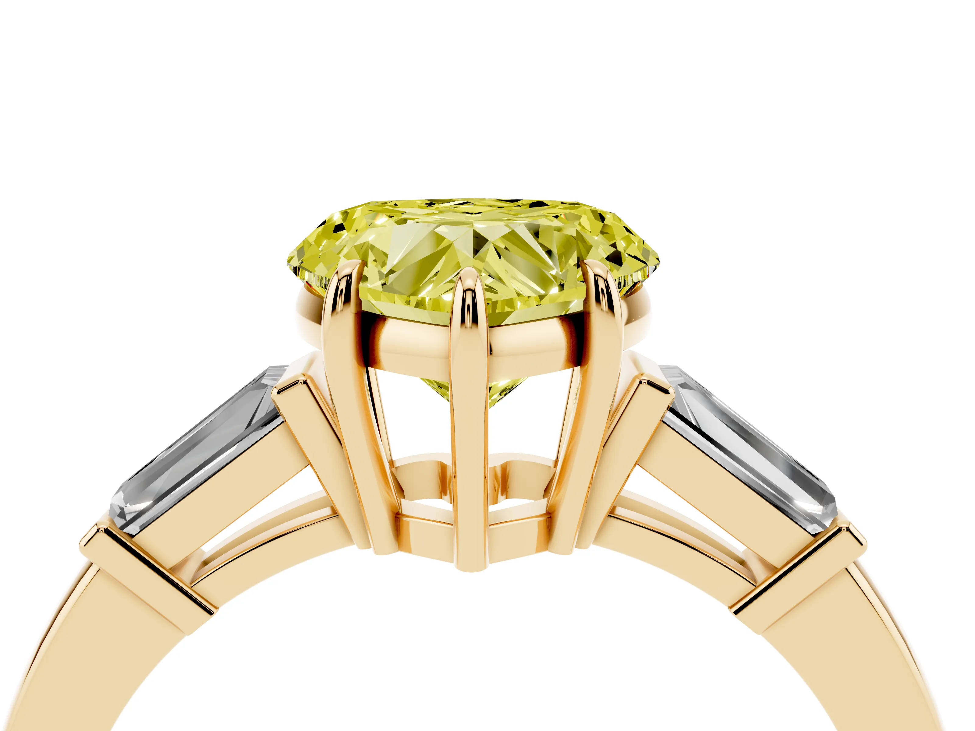 Fancy Yellow Heart Cut Diamond Three-Stone Ring Set in Yellow gold with Tapered Baguette Side Stones and Prong Setting
