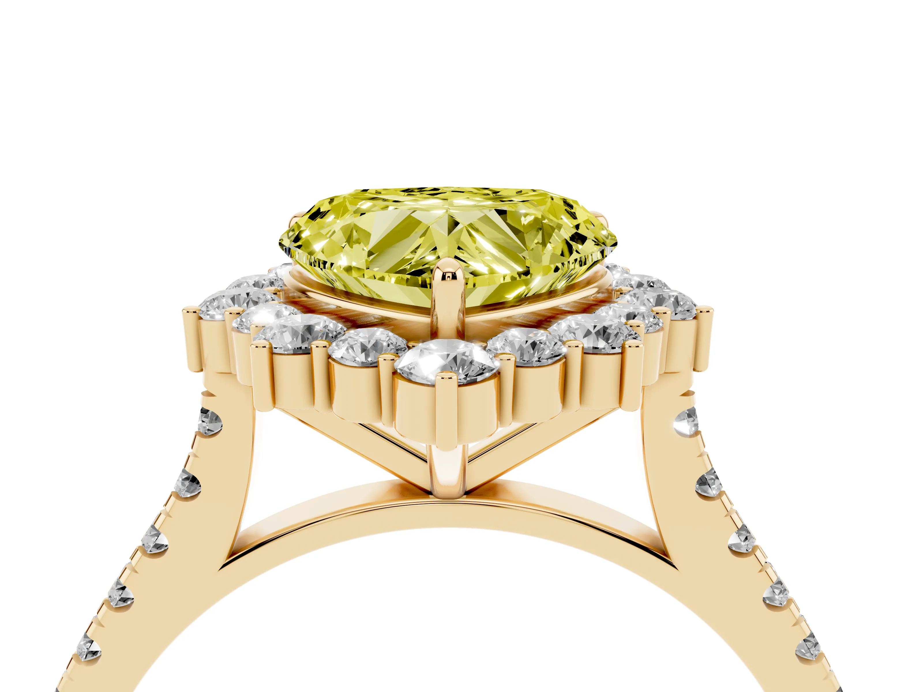 Fancy Yellow Heart Cut Diamond Halo Ring Set in Yellow gold with Pavé Band and Prong Setting