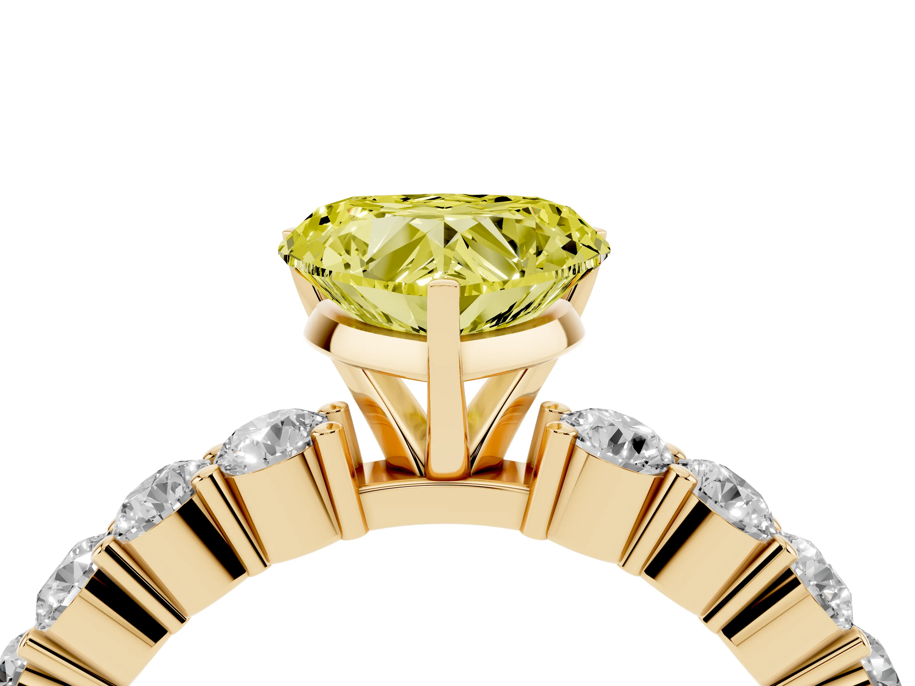 Fancy Yellow Heart Cut Diamond Solitaire Ring Set in Yellow gold with Shared Prong Round Side Stones