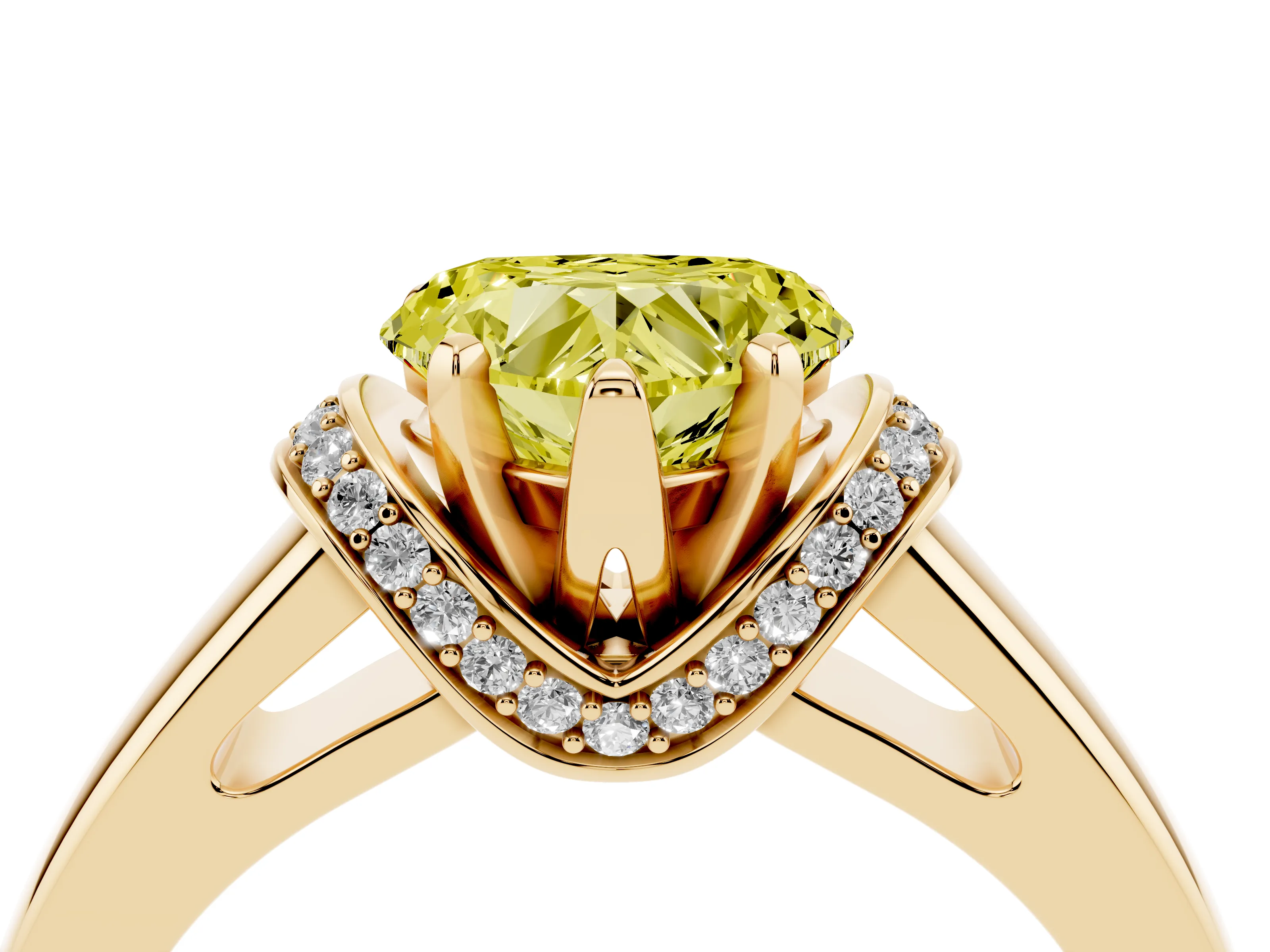 Fancy Yellow Heart Cut Diamond Pavé Band Solitaire Ring Set in Yellow gold with Prong Setting