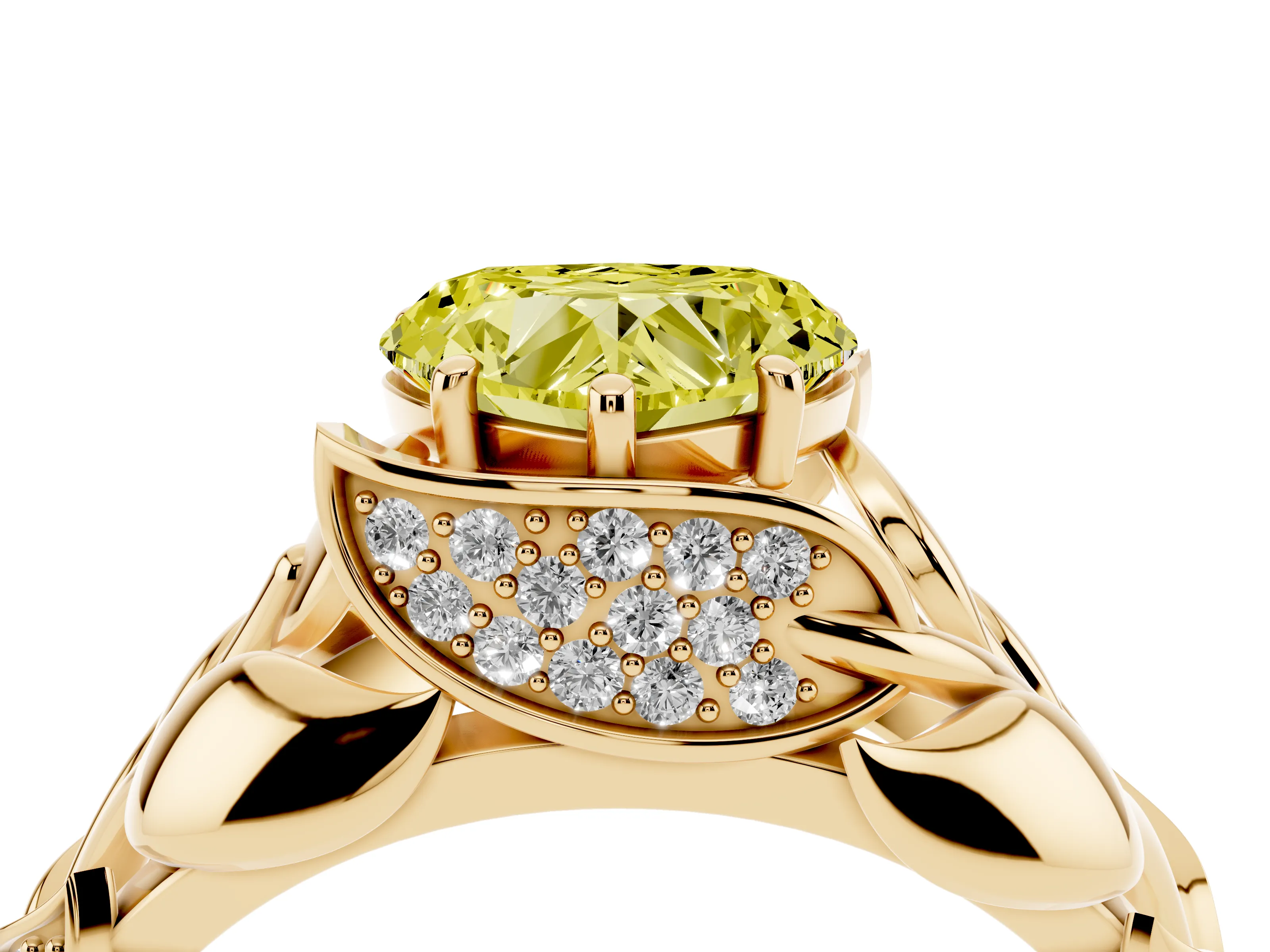 Fancy Yellow Heart Cut Diamond Leaf-Inspired Engagement Ring Set in Yellow gold with Round Accents