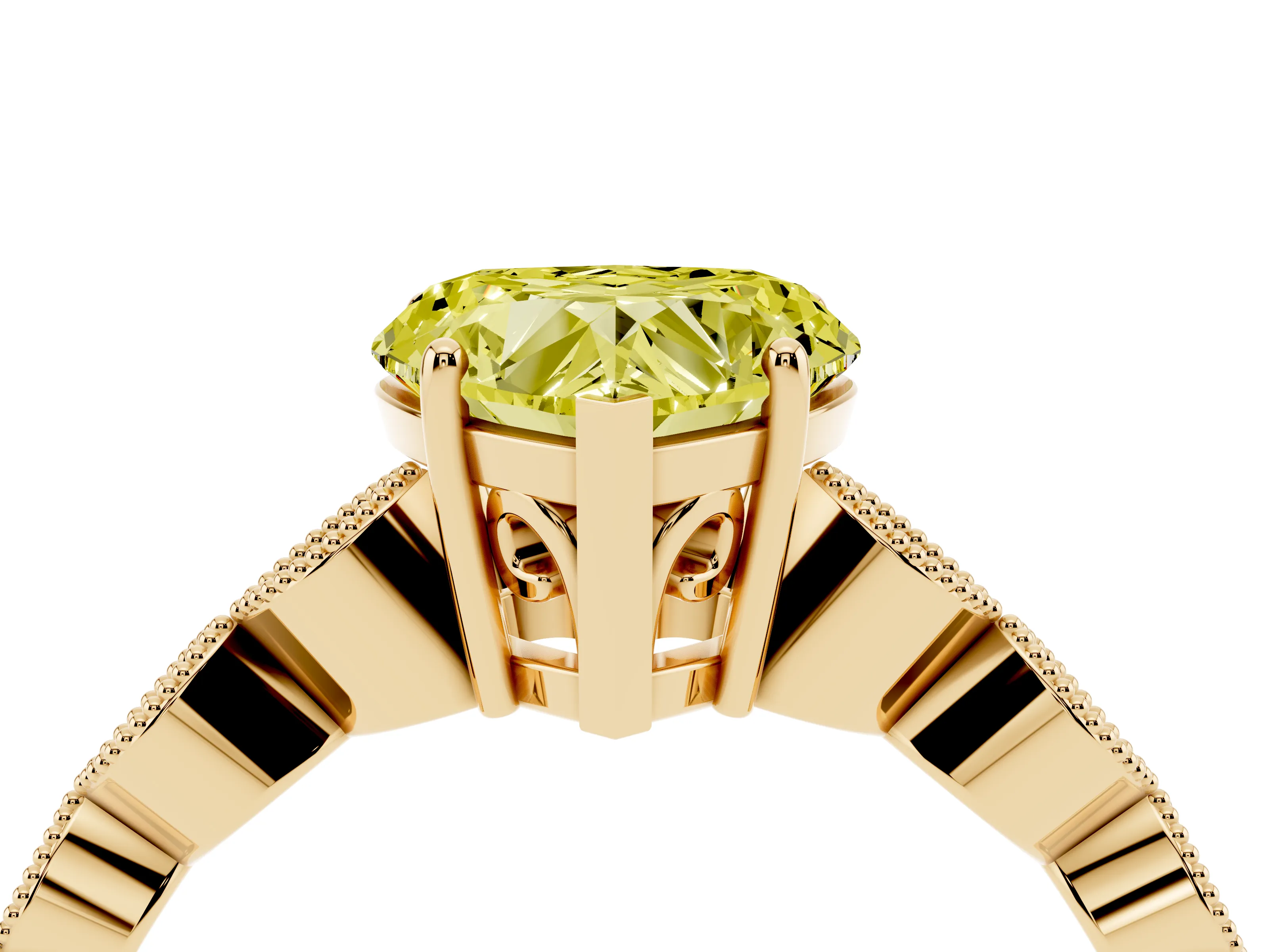 Fancy Yellow Heart Cut Diamond Solitaire Ring Set in Yellow gold with Infinity Twist Pavé Band