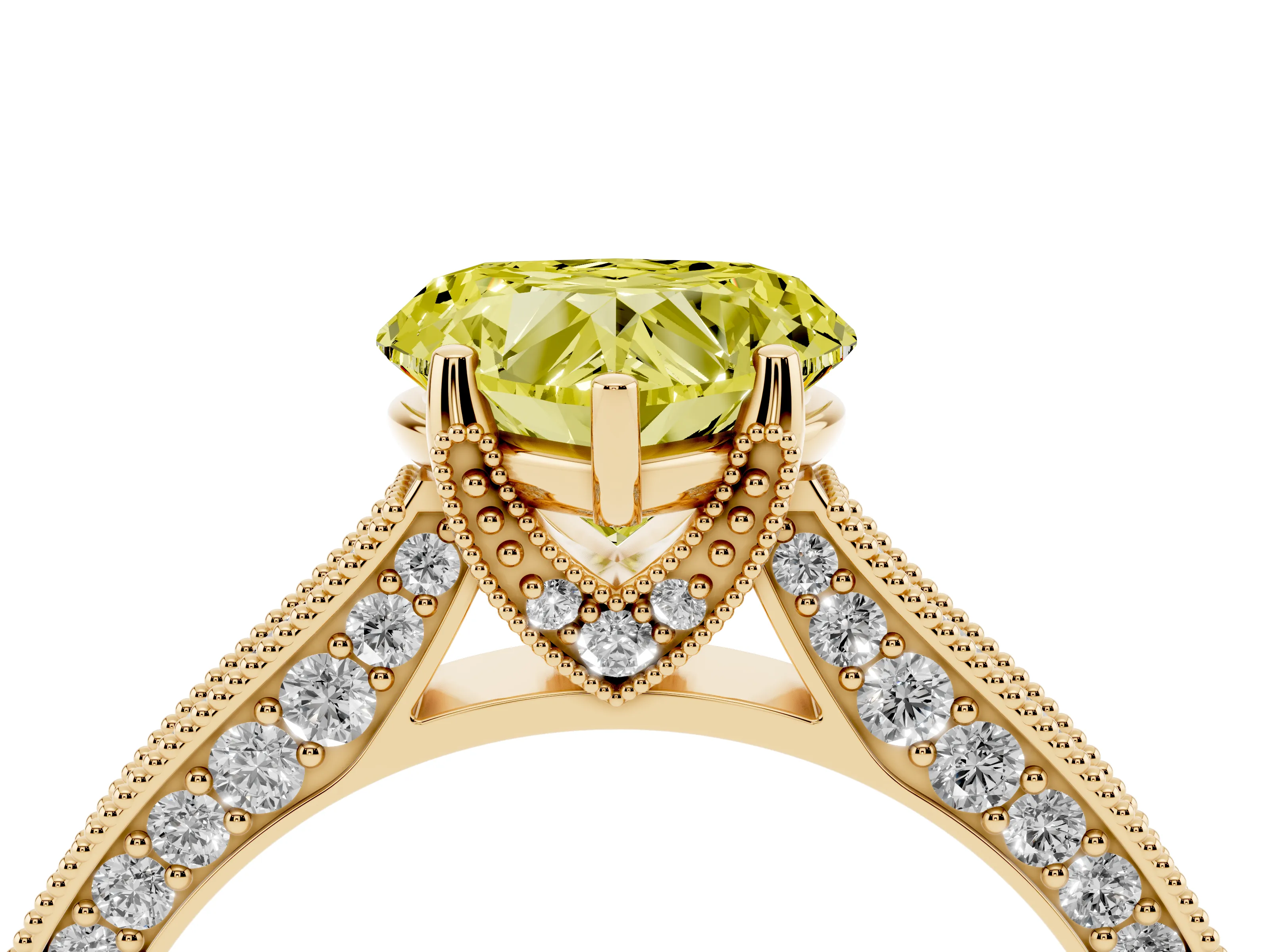 Fancy Yellow Heart Cut Diamond Solitaire Ring Set in Yellow gold with Milgrain-Edged Pavé Band and Prong Setting