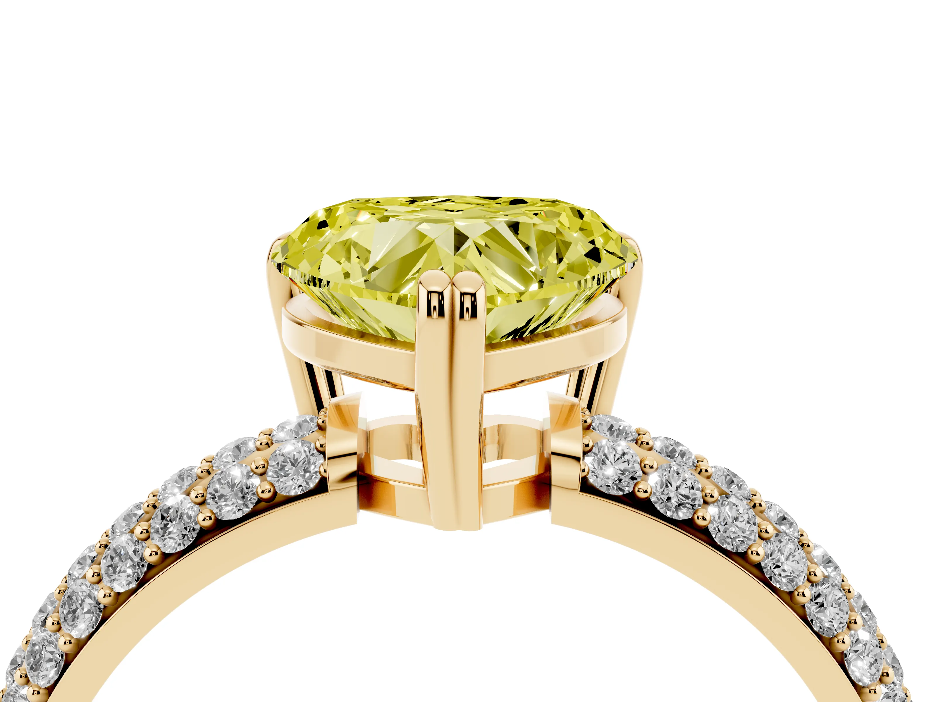 Fancy Yellow Heart Cut Diamond Solitaire Ring Set in Yellow gold with Multi-Row Round Pavé Band and Prong Setting