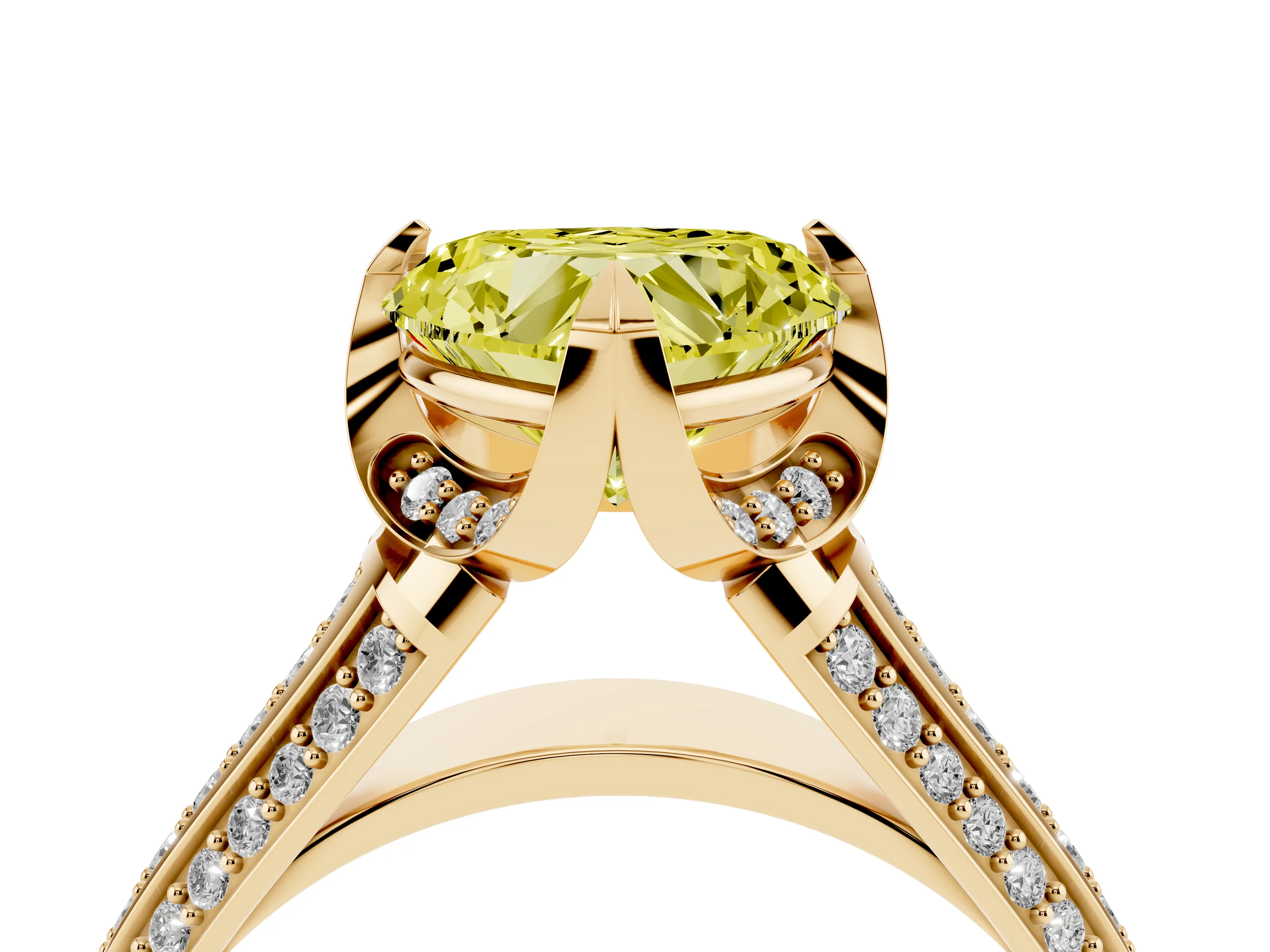 Fancy Yellow Heart Cut Diamond Pavé Split Shank Solitaire Ring Set in Yellow gold with Prong Setting