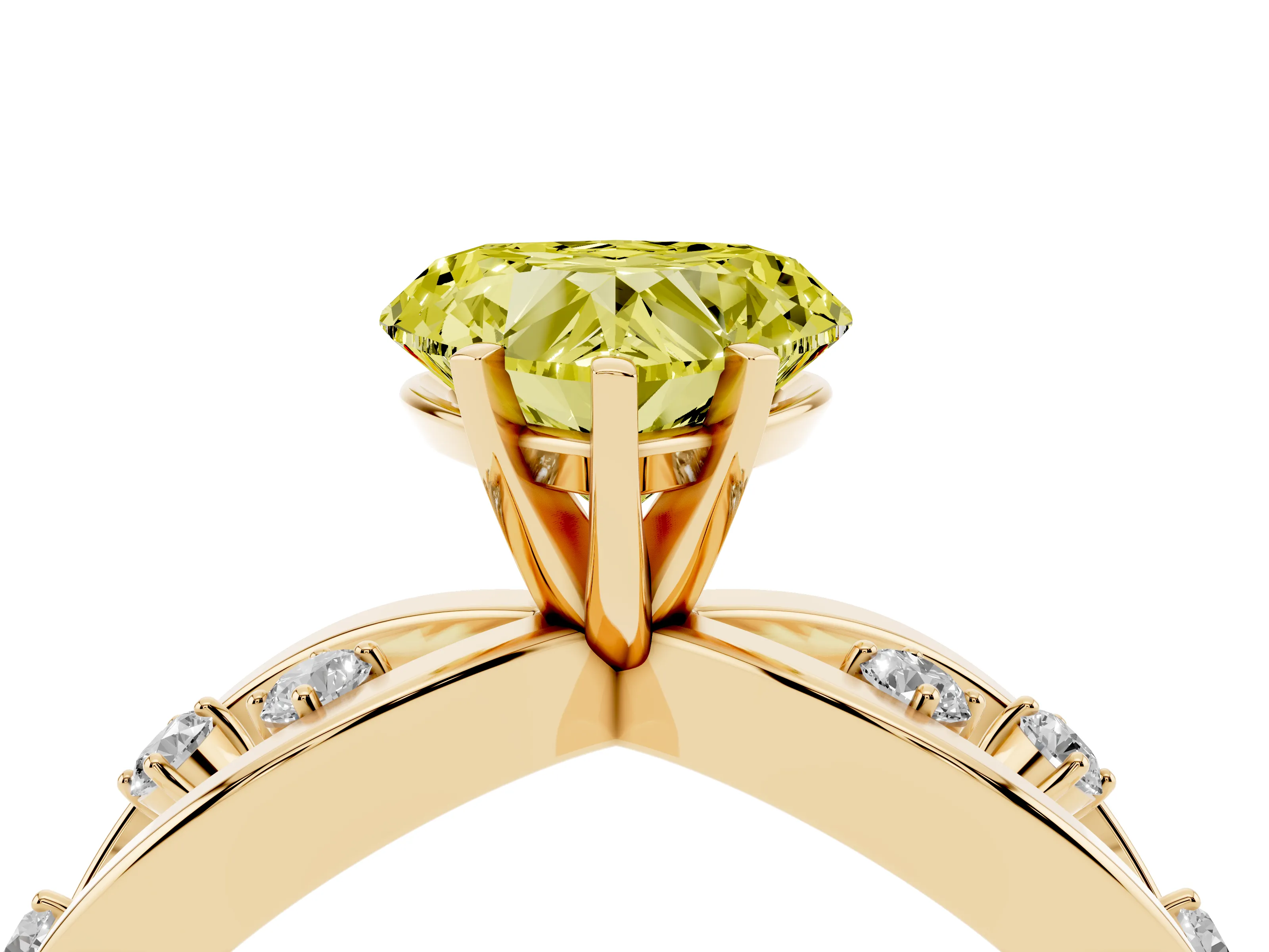 Fancy Yellow Heart Cut Diamond Solitaire Ring Set in Yellow gold with Side Stones on Criss-Cross Band and Prong Setting