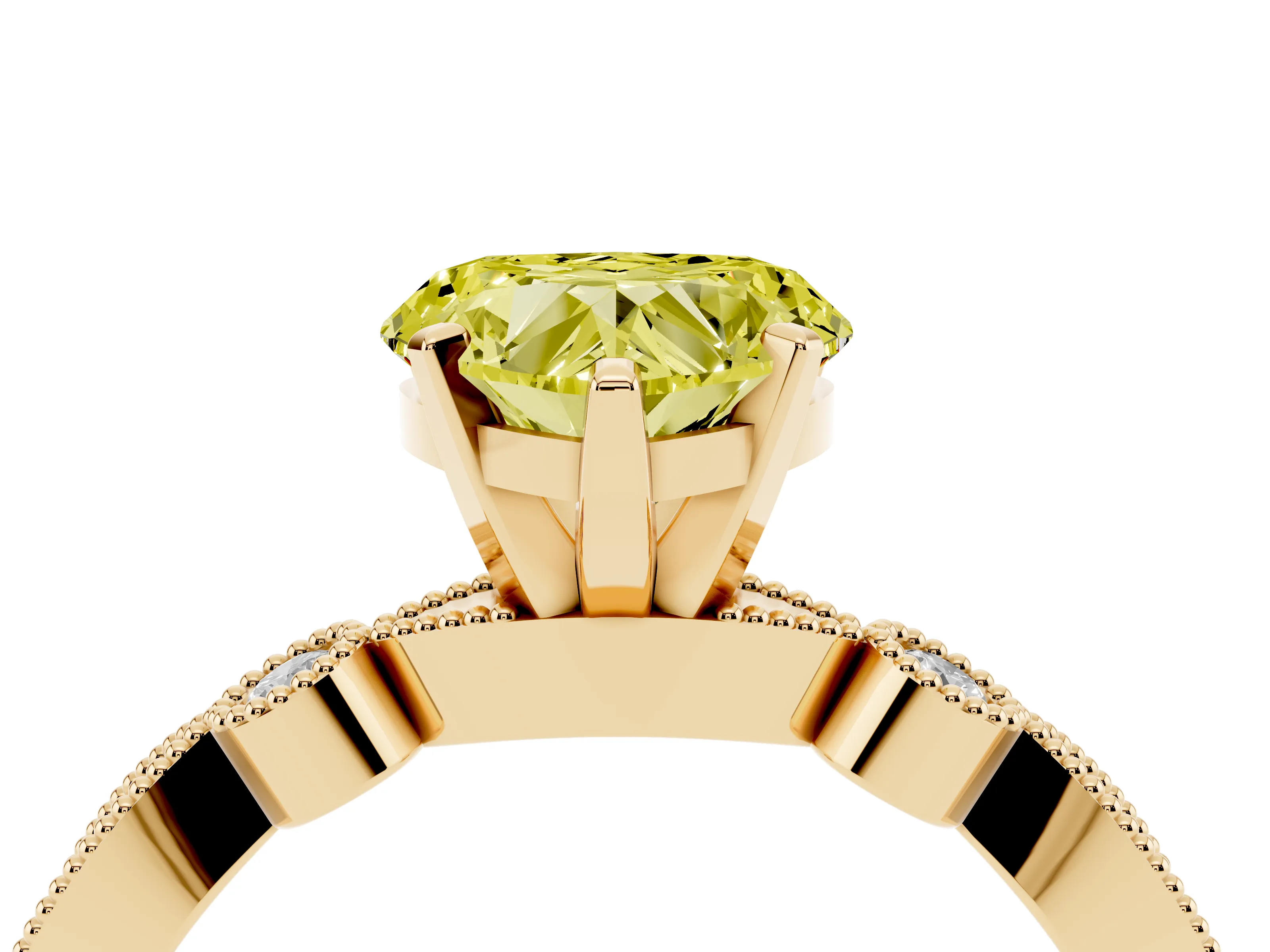 Fancy Yellow Heart Cut Diamond Solitaire Engagement Ring Set in Yellow gold with Milgrain Bezel Accent Band