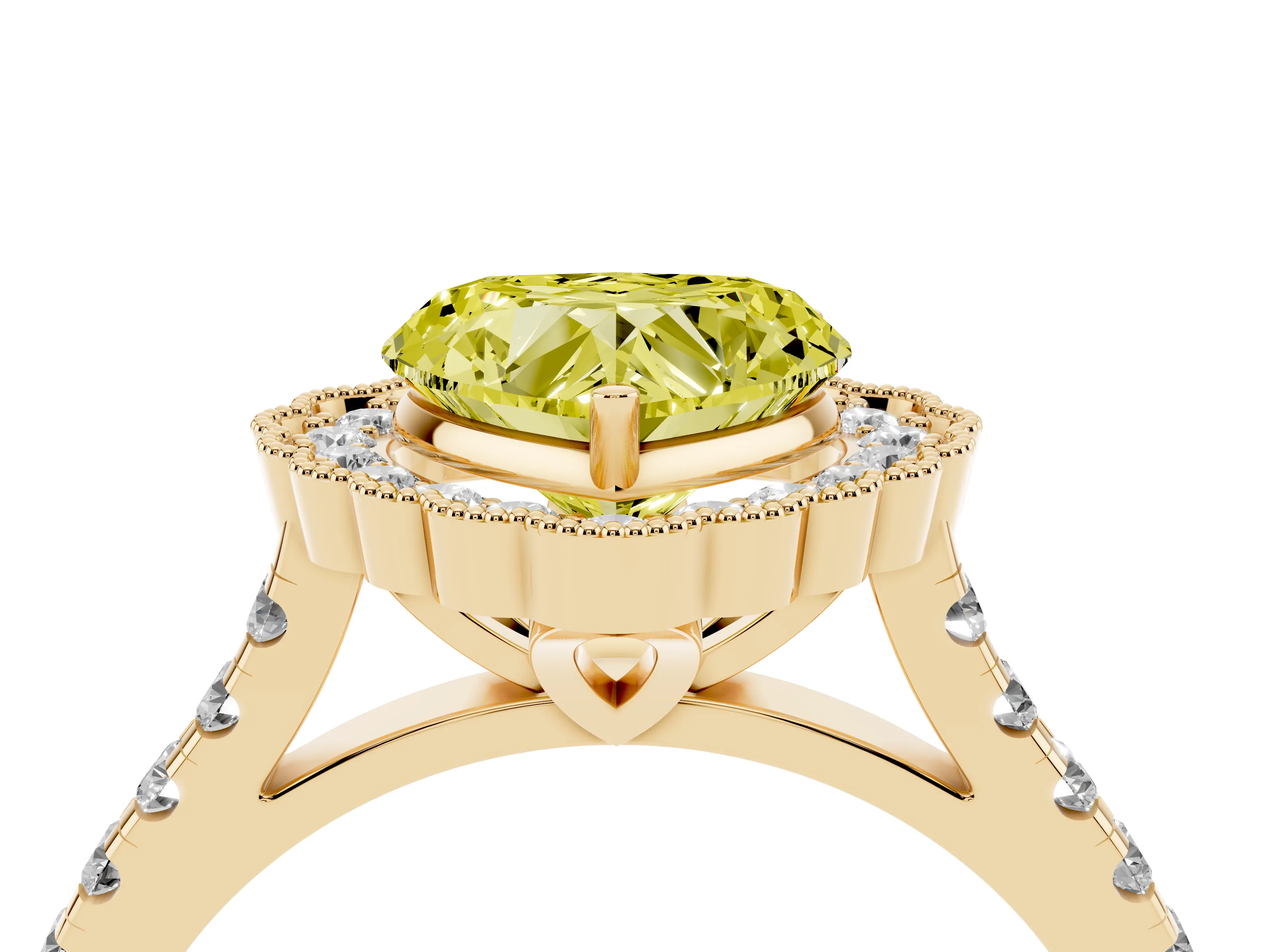 Fancy Yellow Heart Cut Diamond Milgrain Floral Halo Engagement Ring Set in Yellow gold with Pavé Band