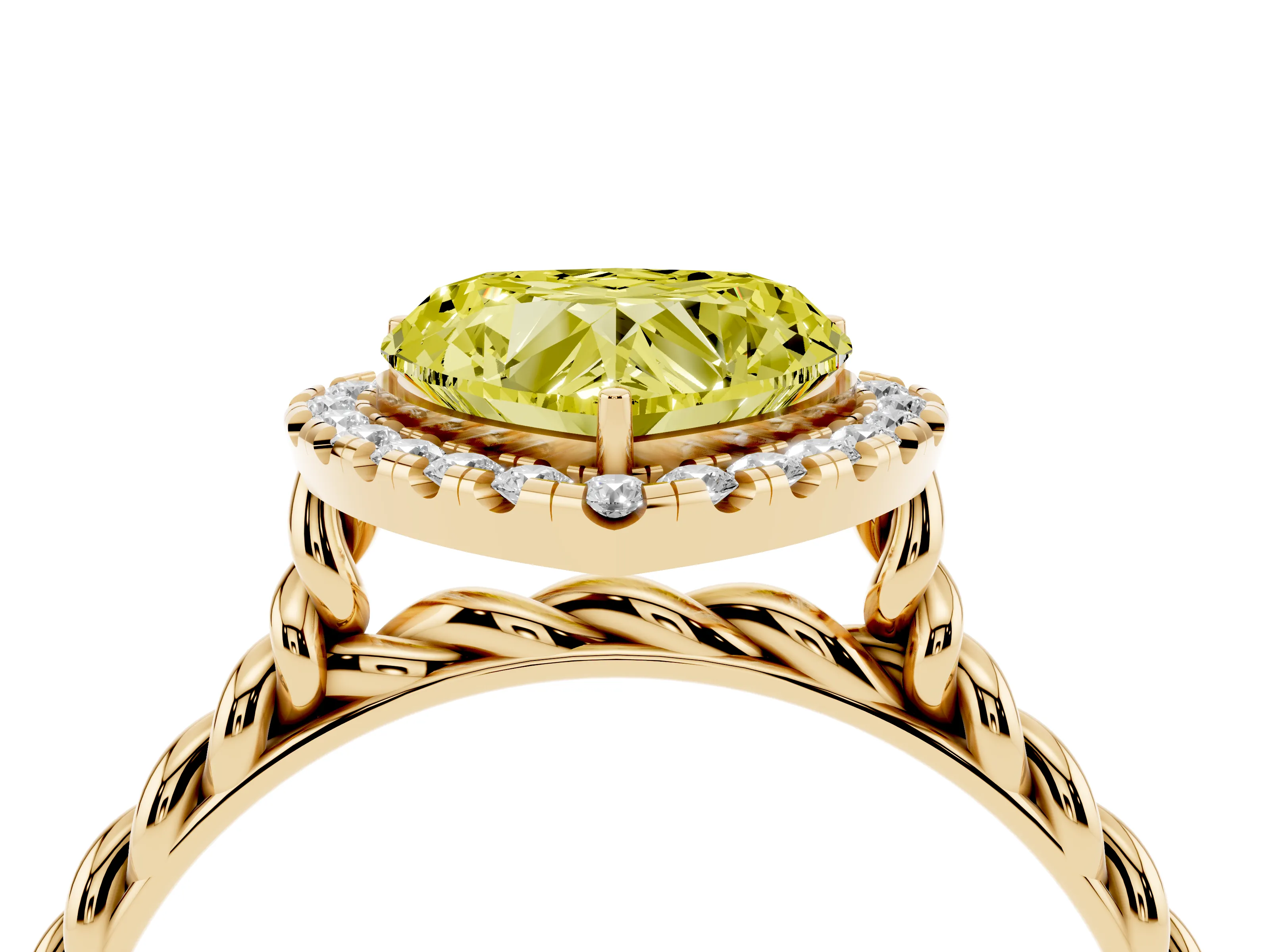 Fancy Yellow Heart Cut Diamond Halo Ring Set in Yellow gold with Plain Twisted Band