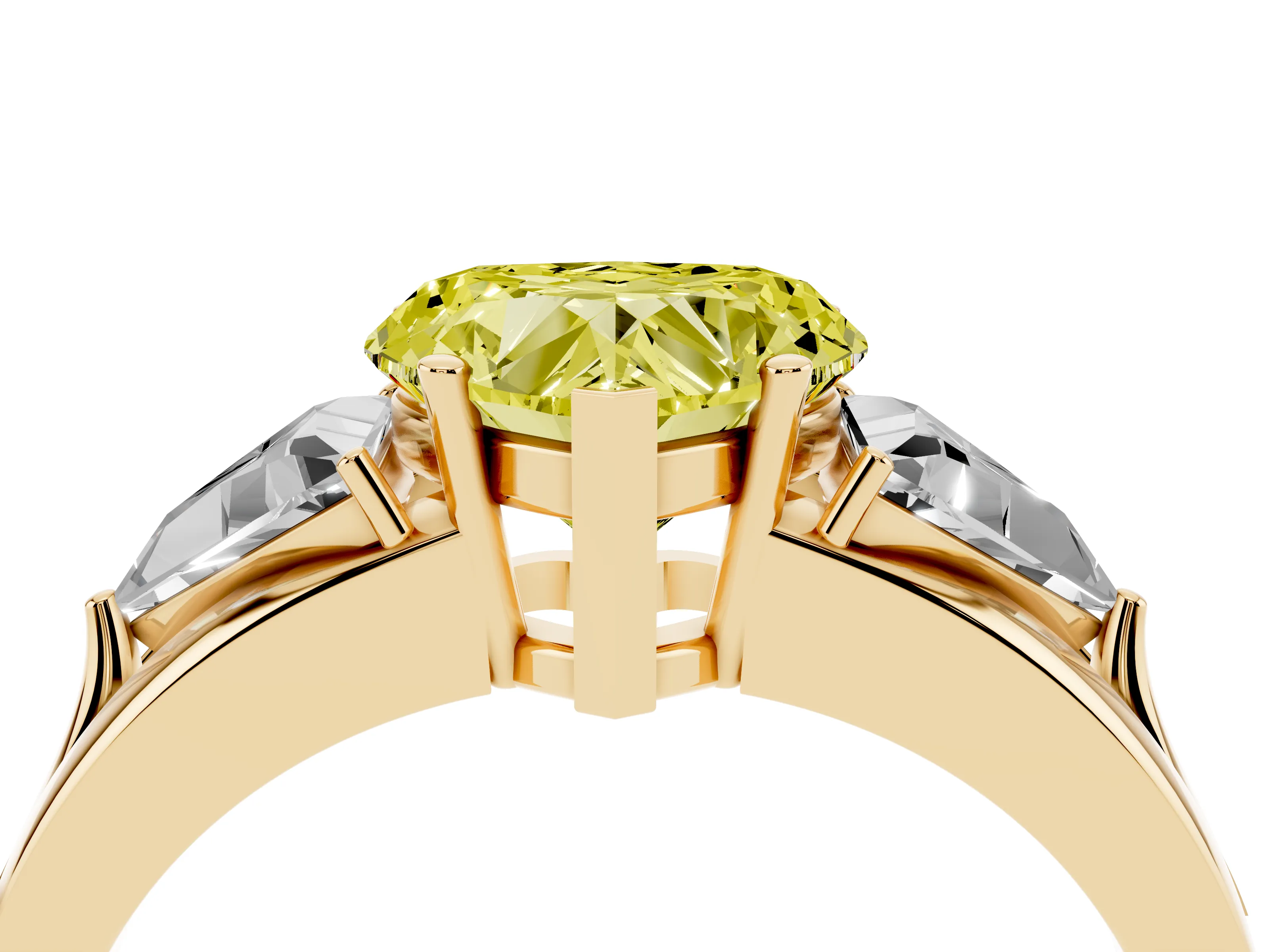 Fancy Yellow Heart Cut Diamond Three-Stone Ring Set in Yellow gold with Trillion Side Stones and Split Shank