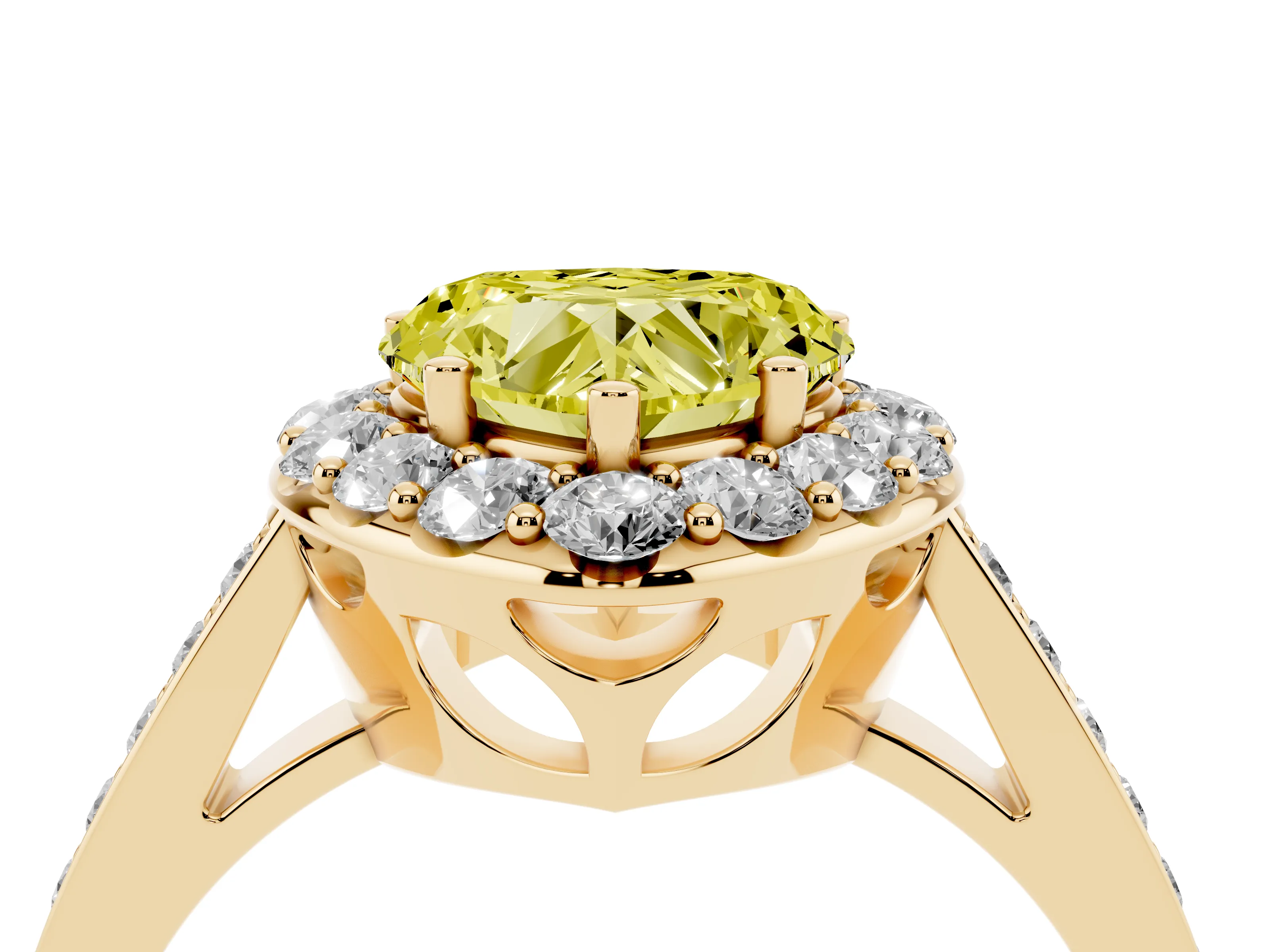 Fancy Yellow Heart Cut Diamond Floral Halo Ring Set in Yellow gold with Pavé Band and Prong Setting