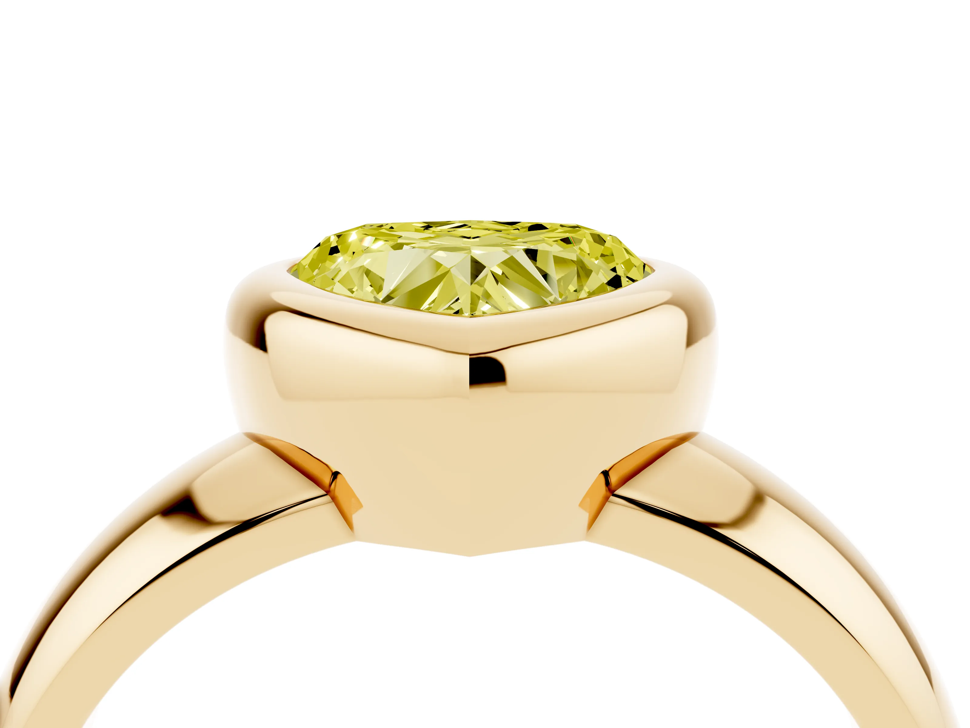Fancy Yellow Bezel Set Heart Cut Diamond Solitaire Ring Set in Yellow gold with Wide Band