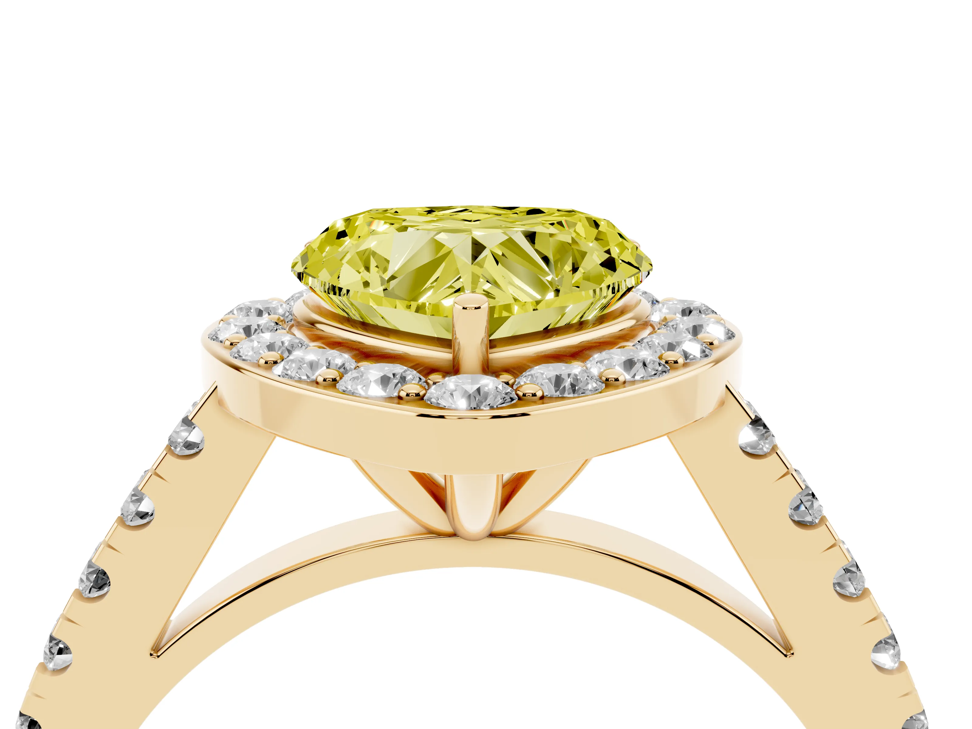 Fancy Yellow Heart Cut Diamond Halo Ring Set in Yellow gold with Round Pavé Split Shank and Prong Setting