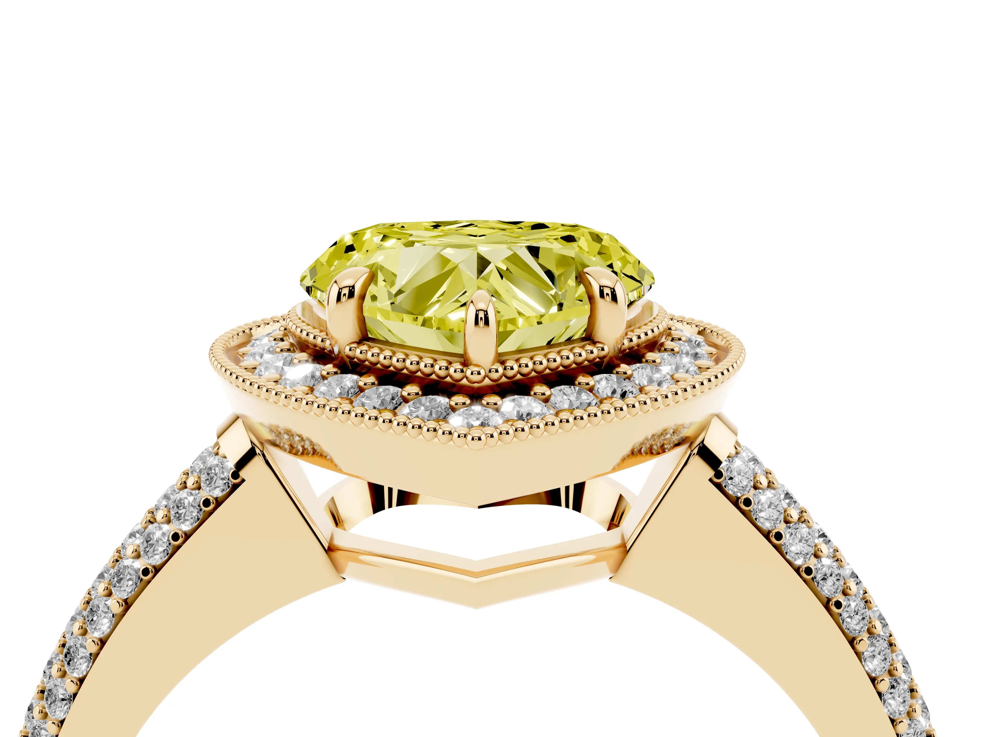 Fancy Yellow Heart Cut Diamond Halo Pavé Band Set in Yellow gold with Prong Setting