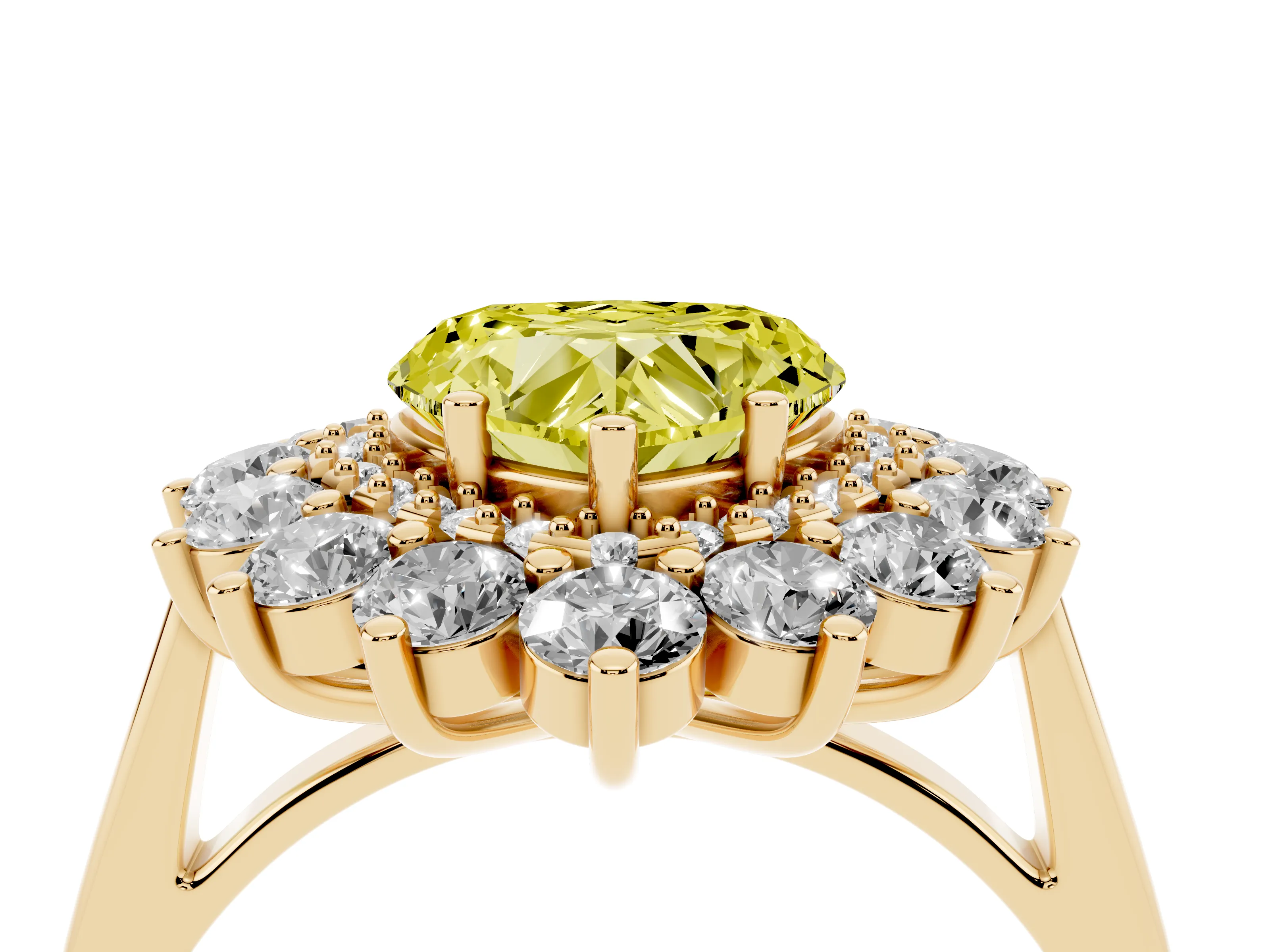 Fancy Yellow Heart Cut Diamond Floral Double Halo Ring Set in Yellow gold with Round Petals