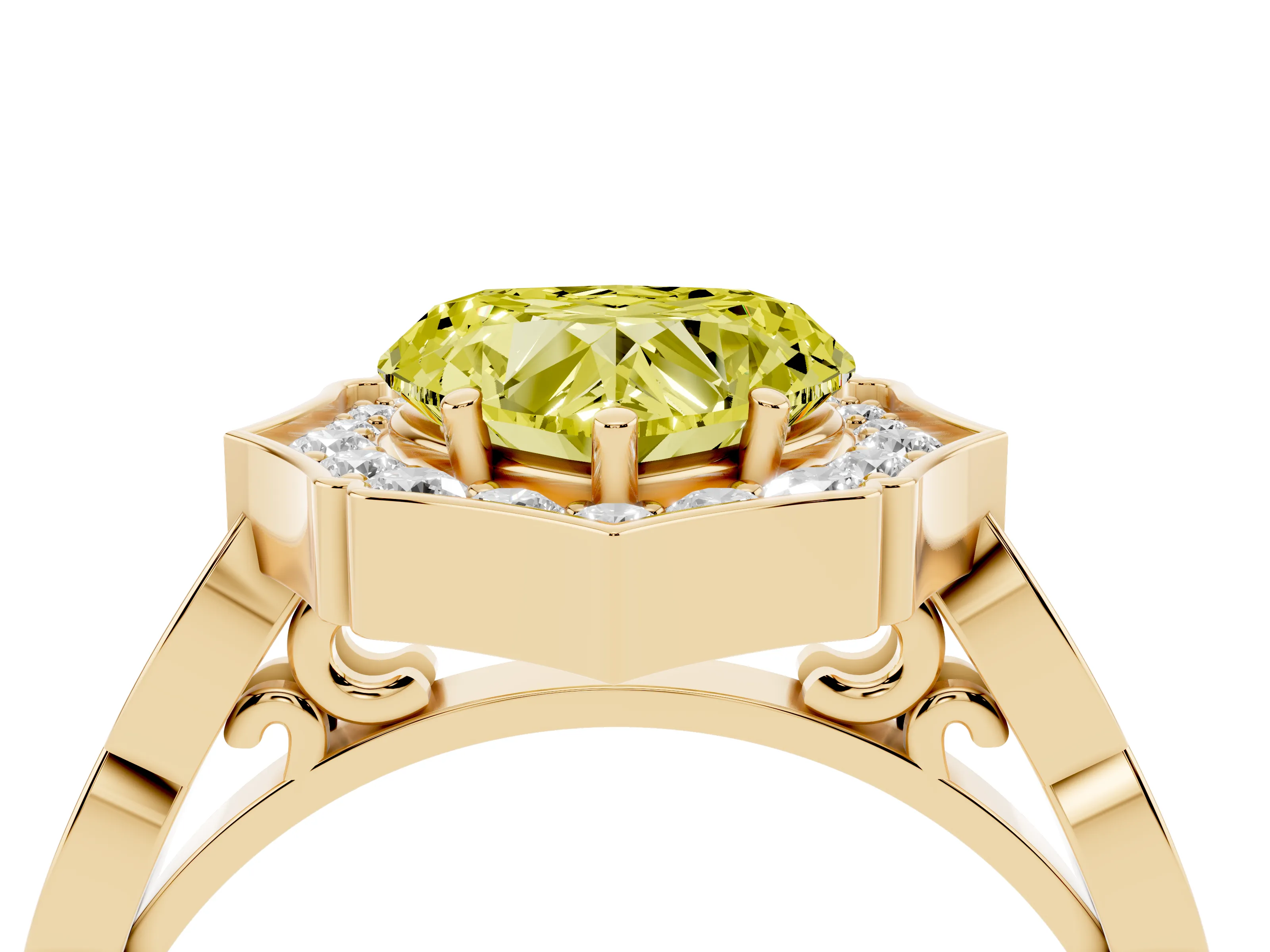 Fancy Yellow Heart Cut Diamond Halo Engagement Ring Set in Yellow gold with Milgrain Band and Prong Setting
