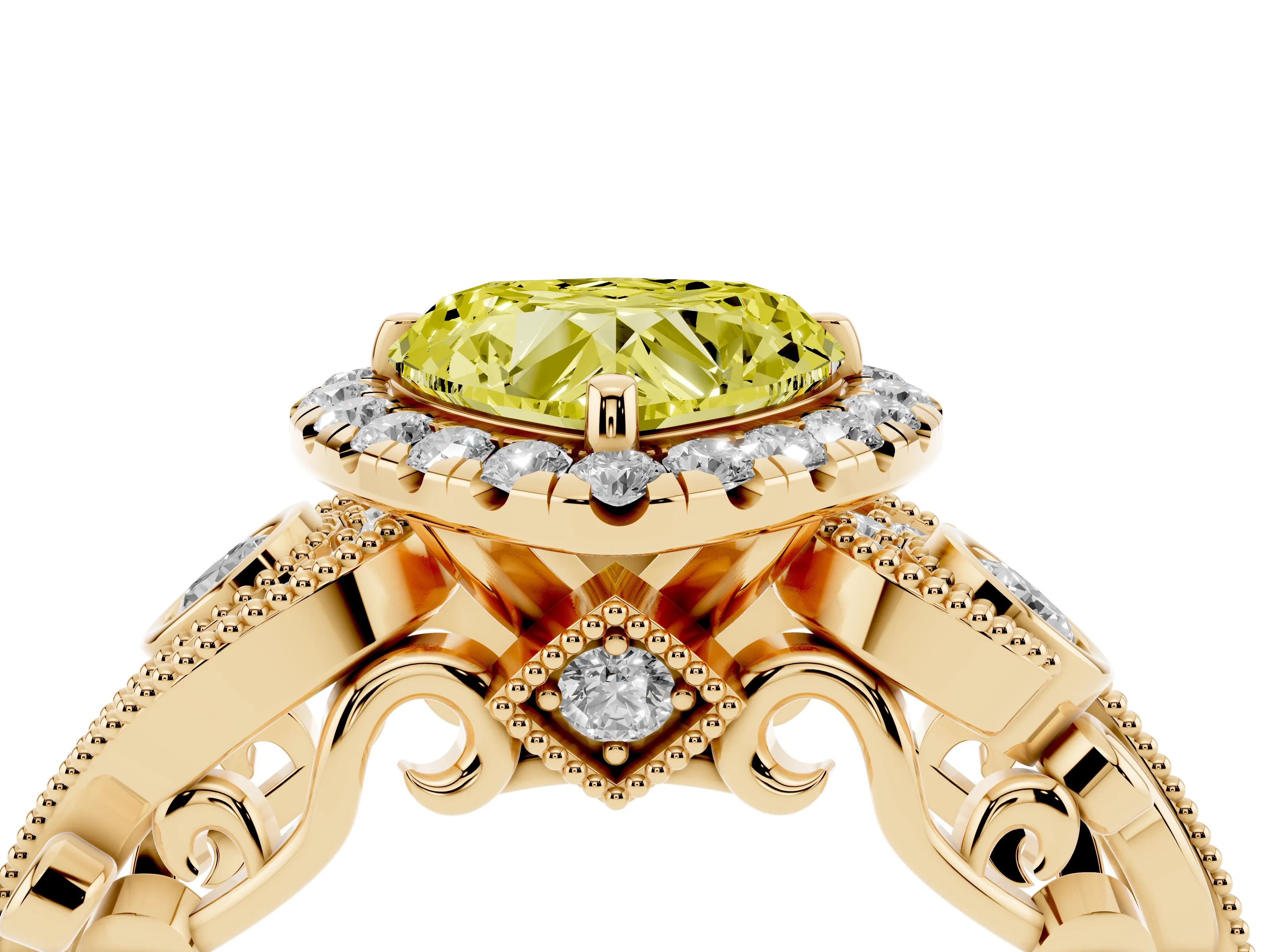 Fancy Yellow Heart Cut Diamond Halo Ring Set in Yellow gold with Milgrain Pavé Band and Prong Setting