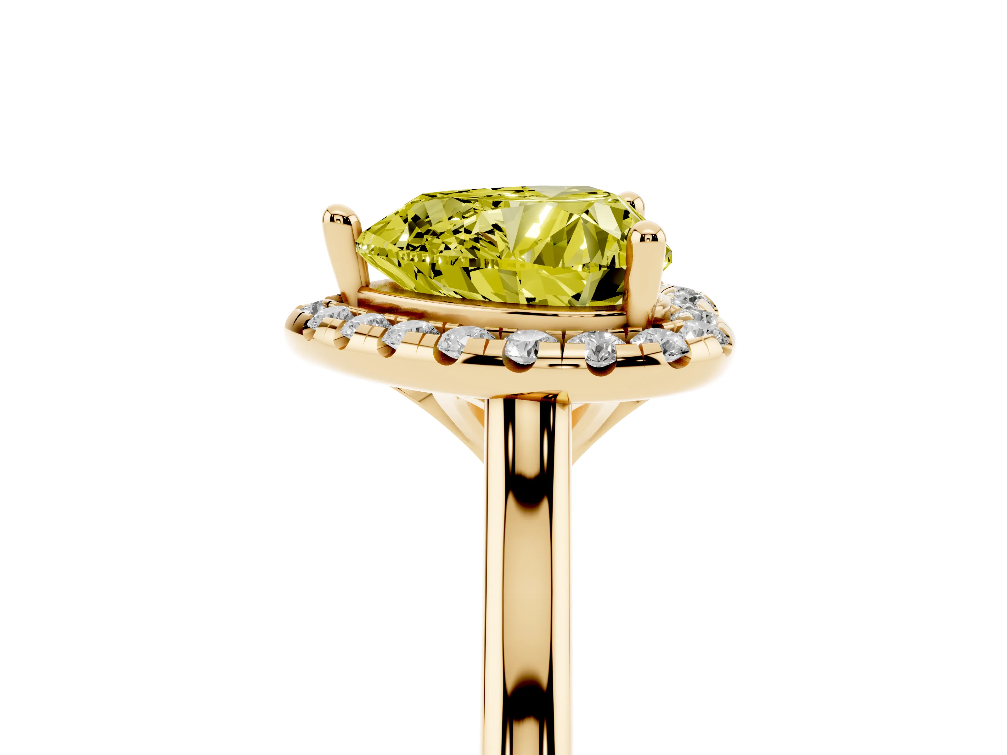 Fancy Yellow Heart Cut Diamond Halo Engagement Ring Set in Yellow gold with Pavé Band and Rising Shoulders