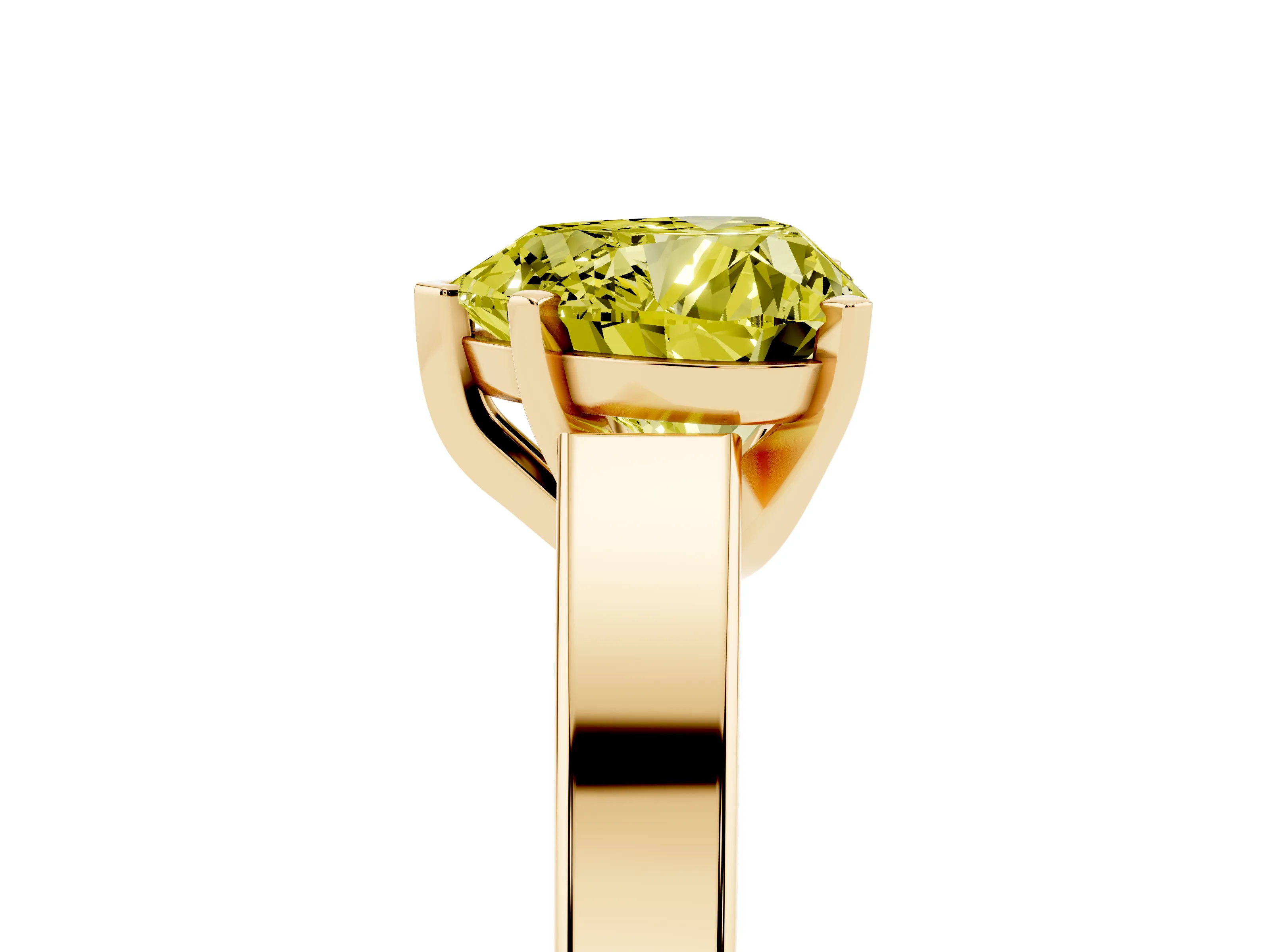 Fancy Yellow Heart Cut Diamond Solitaire Engagement Ring Set in Yellow gold with Prong Setting and Tapered Band