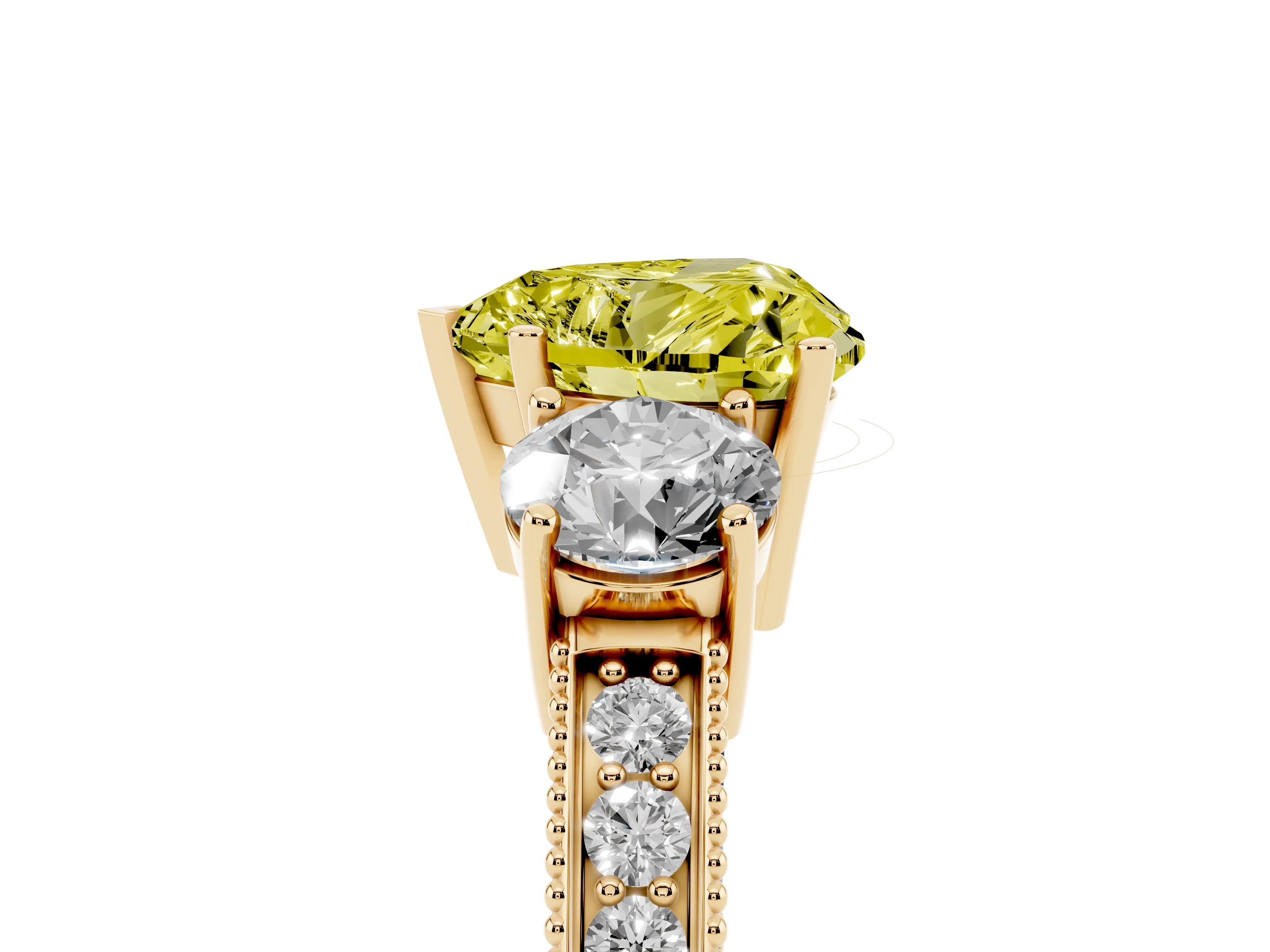Fancy Yellow Heart Cut Diamond Three-Stone Ring Set in Yellow gold with Round Side Stones and Pavé Band